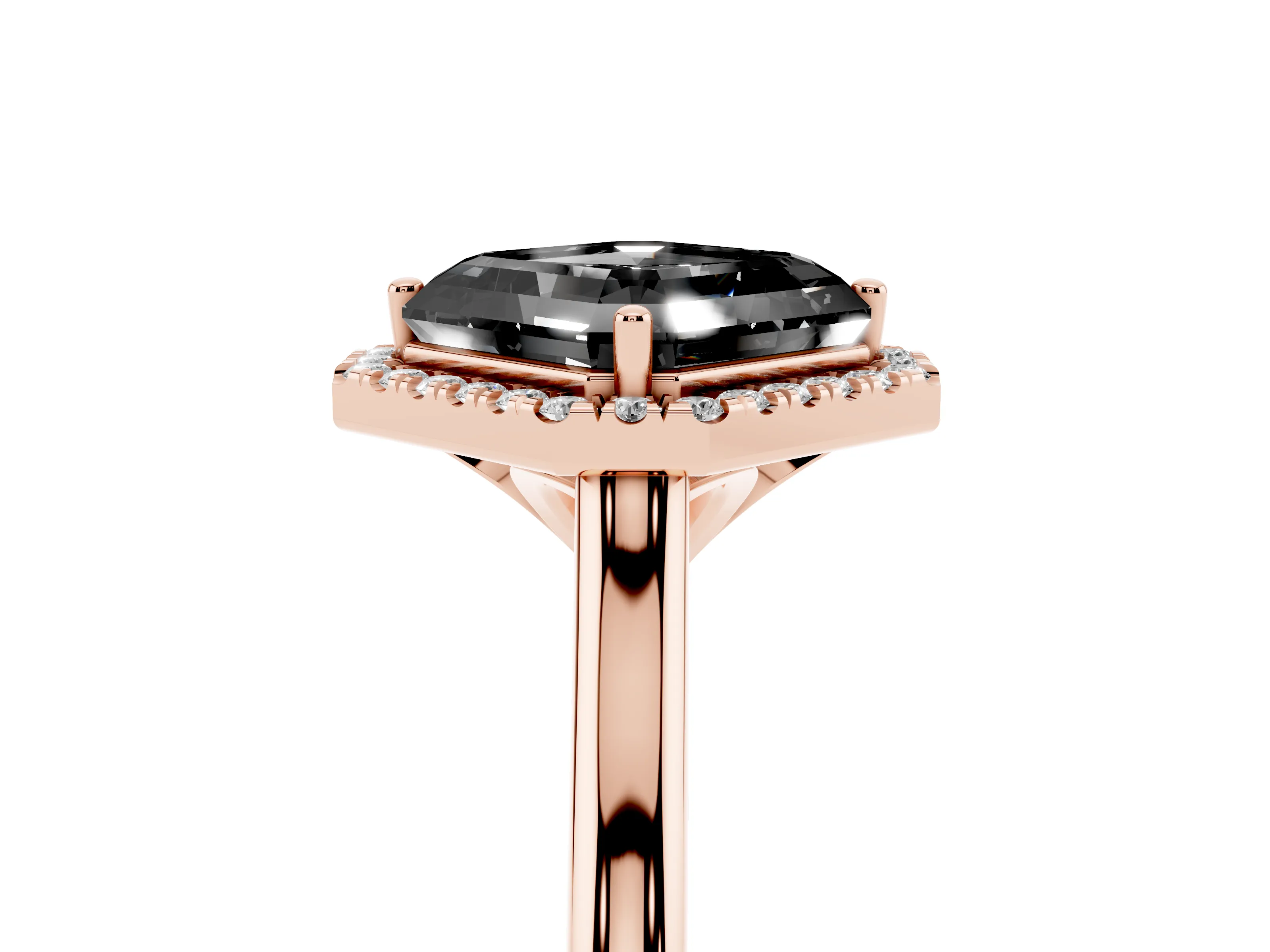 Fancy Black Asscher Cut Diamond Halo Engagement Ring Set in Rose gold with Pavé Band and Rising Shoulders