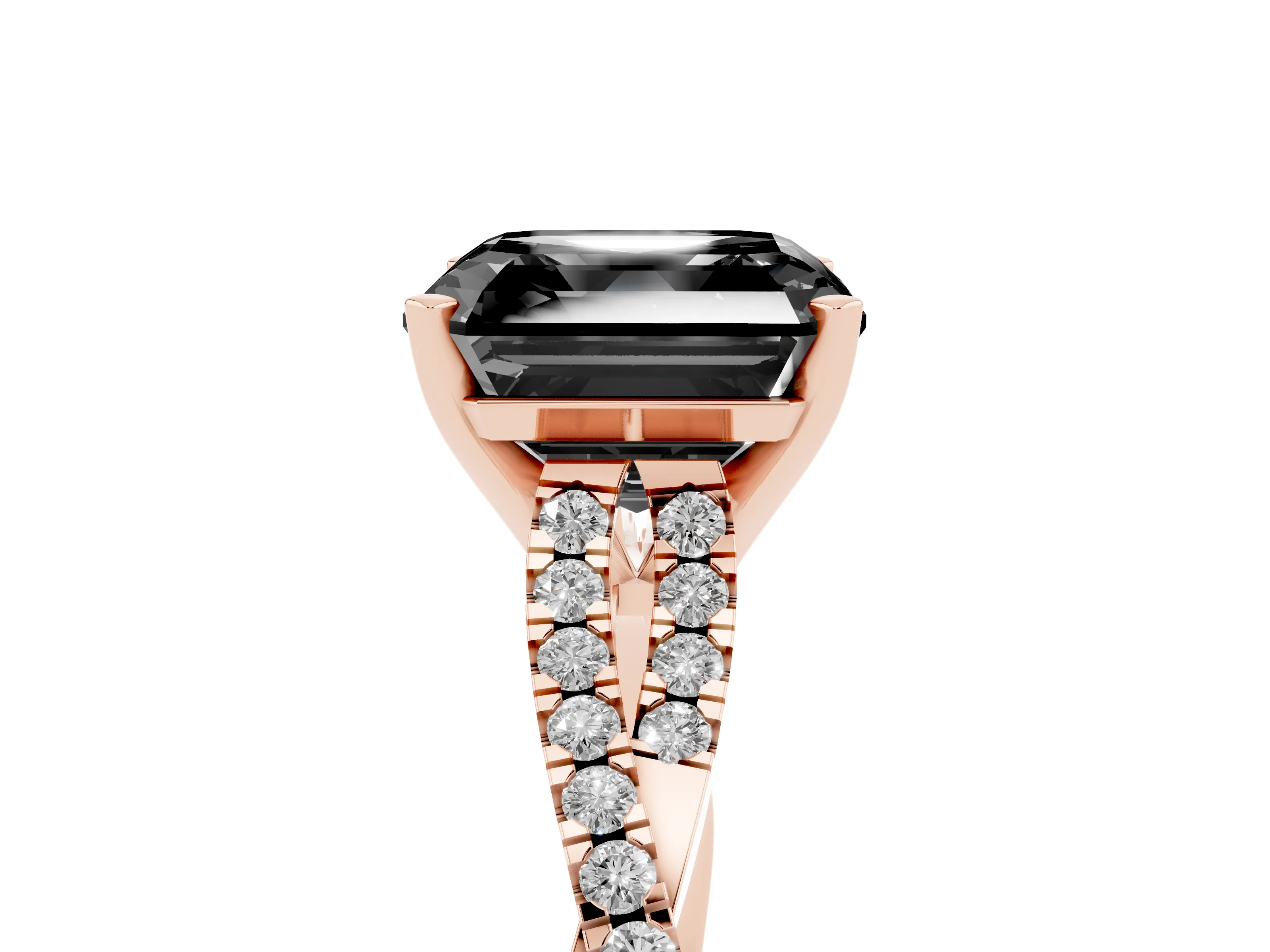 Fancy Black Asscher Cut Diamond Solitaire Engagement Ring Set in Rose gold with Twisted Pavé Band and Prong Setting