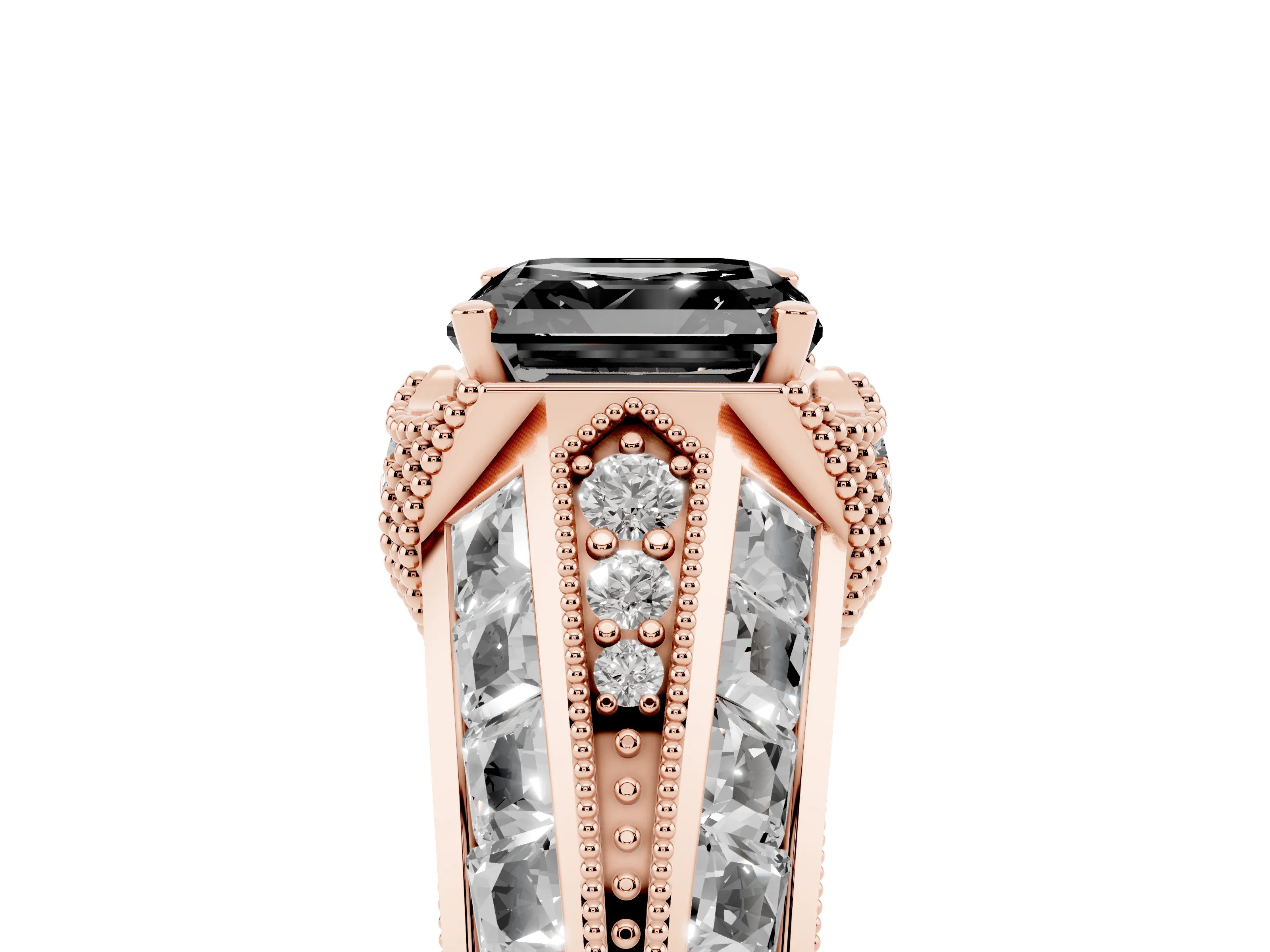 Fancy Black Asscher Cut Diamond Vintage-Inspired Milgrain Ring Set in Rose gold with Accent Split Shank