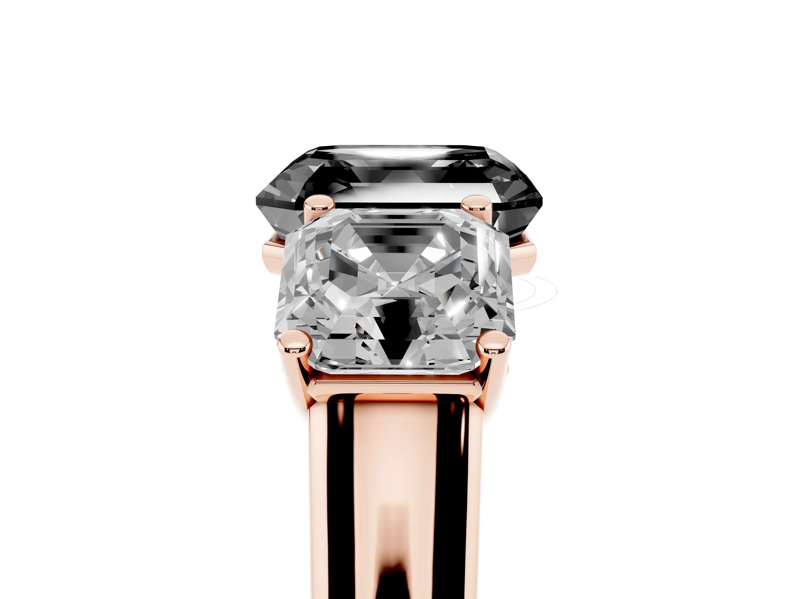 Fancy Black Asscher Cut Diamond Three-Stone Ring Set in Rose gold with Plain Polished Band