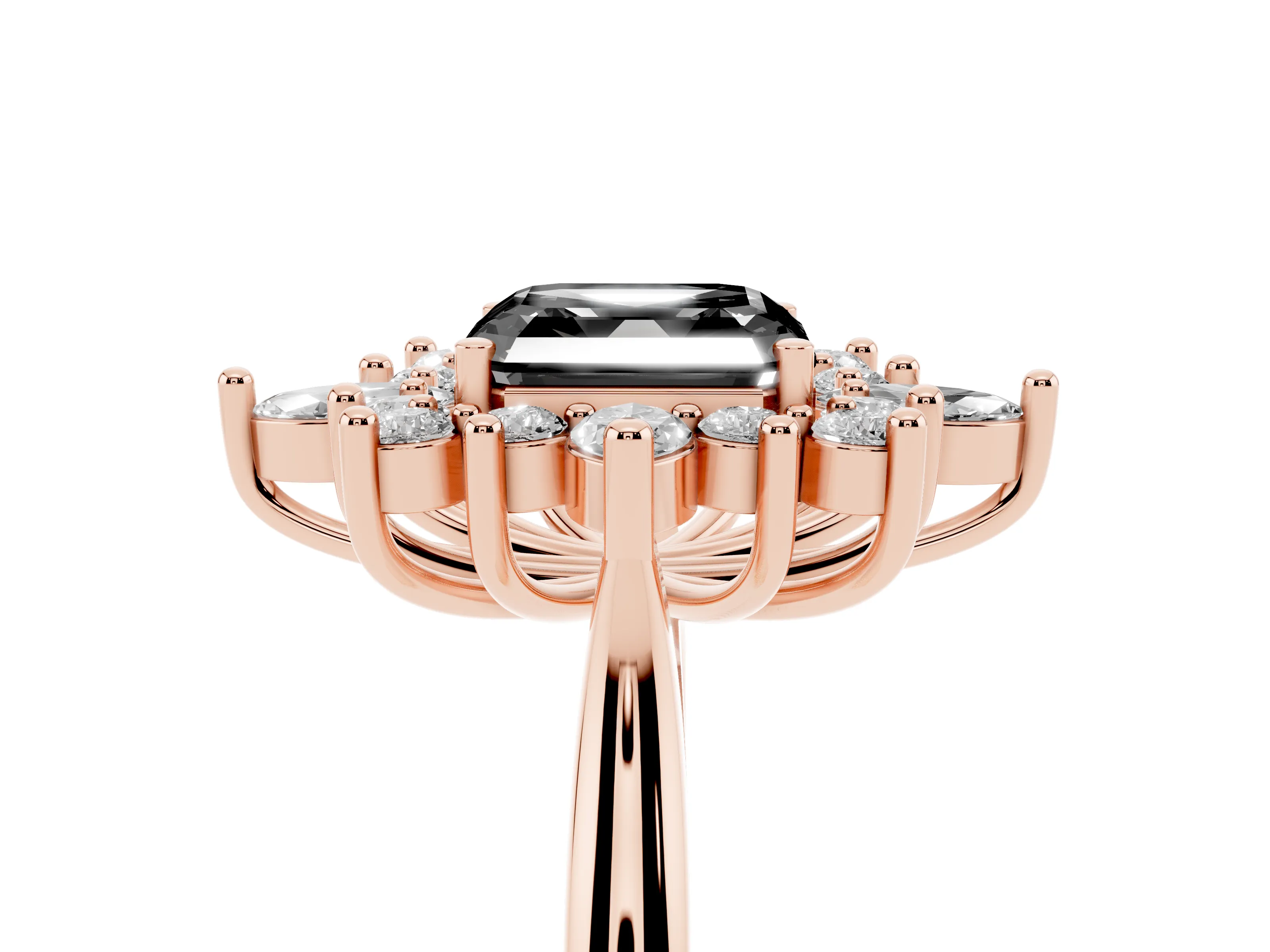 Fancy Black Asscher Cut Diamond Cluster Halo Ring Set in Rose gold with Marquise and Round Accents