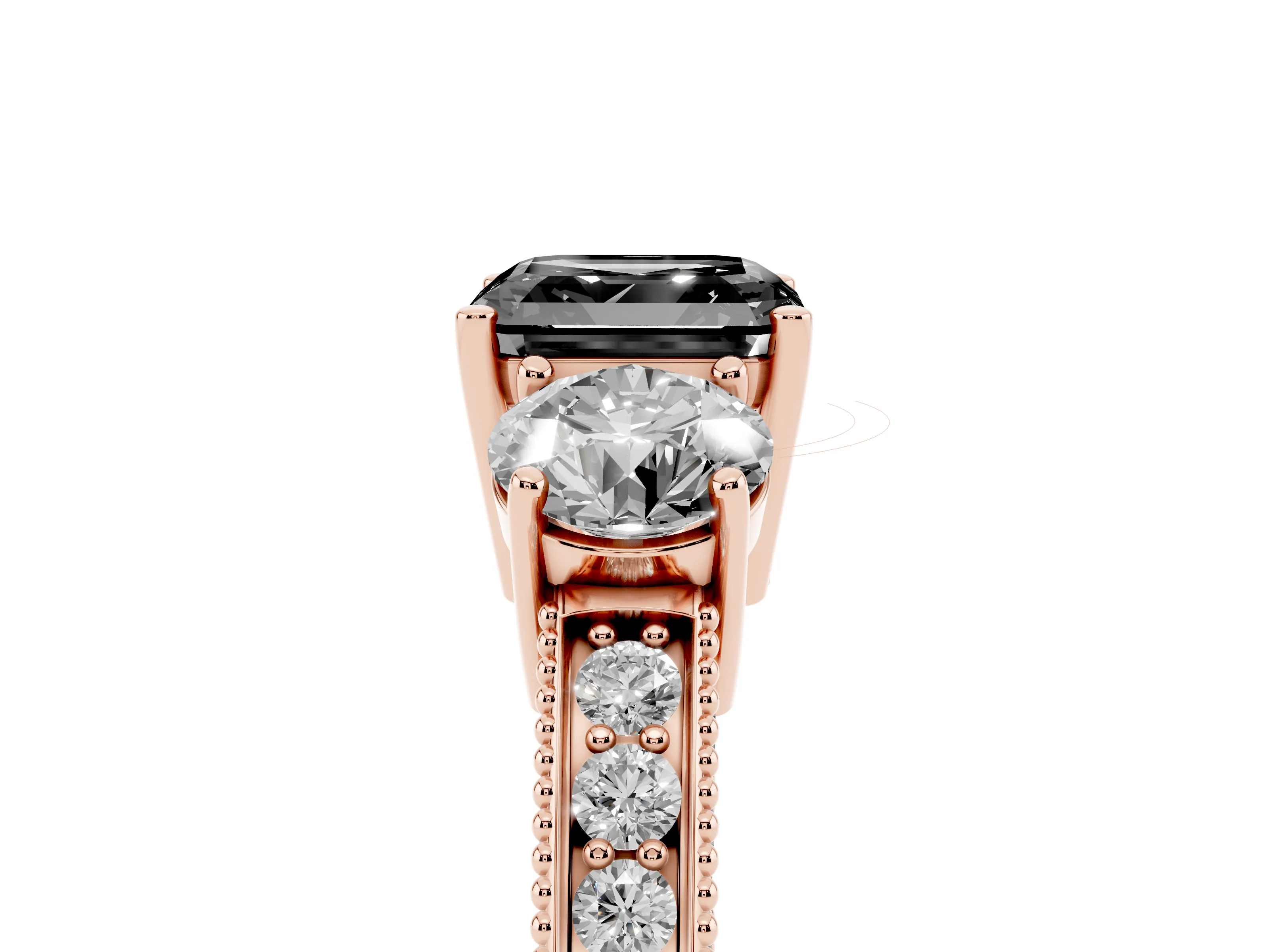 Fancy Black Asscher Cut Diamond Three-Stone Ring Set in Rose gold with Round Side Stones and Pavé Band