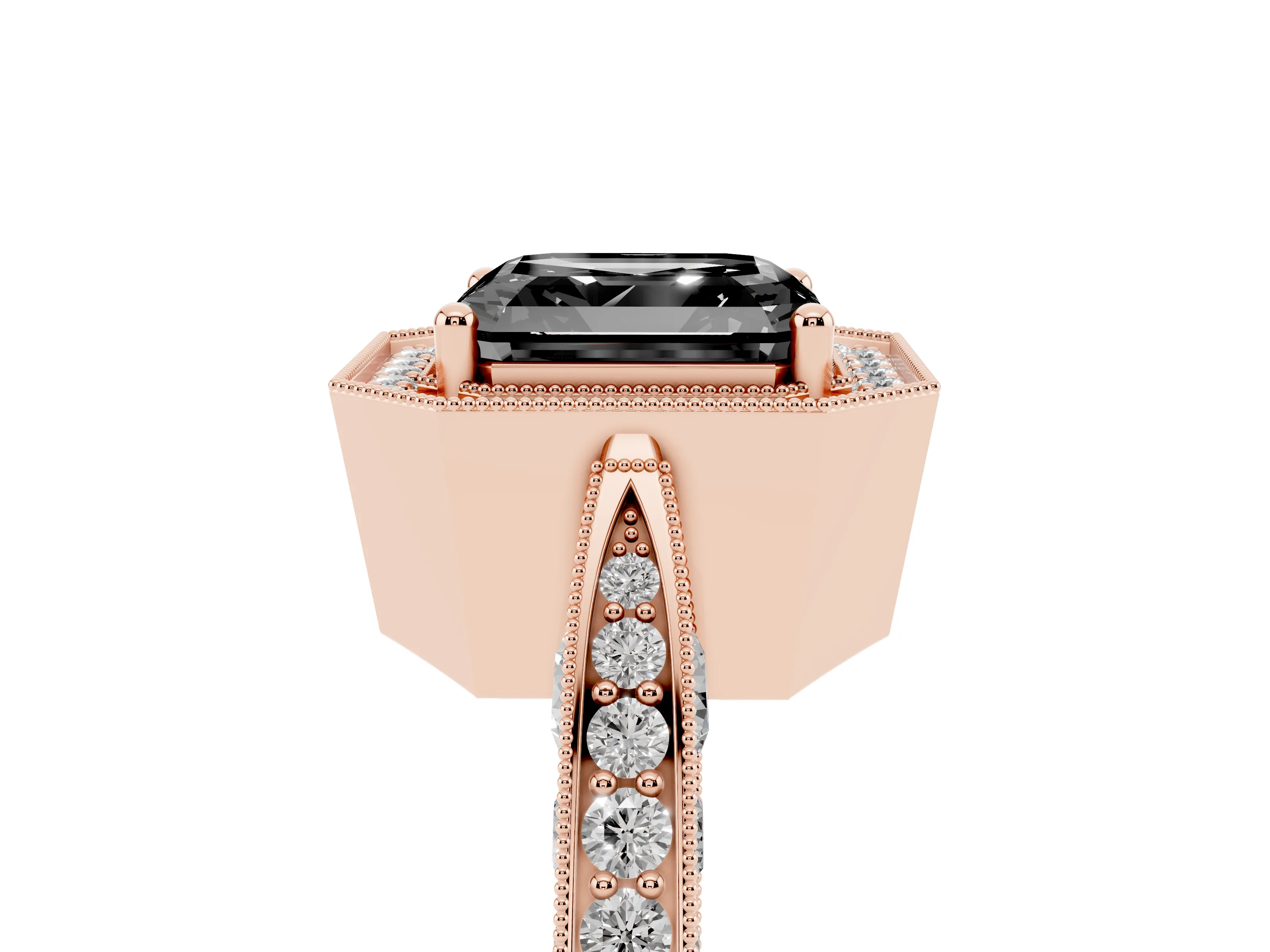 Fancy Black Asscher Cut Diamond Halo Engagement Ring Set in Rose gold with Accent Split Shank Band