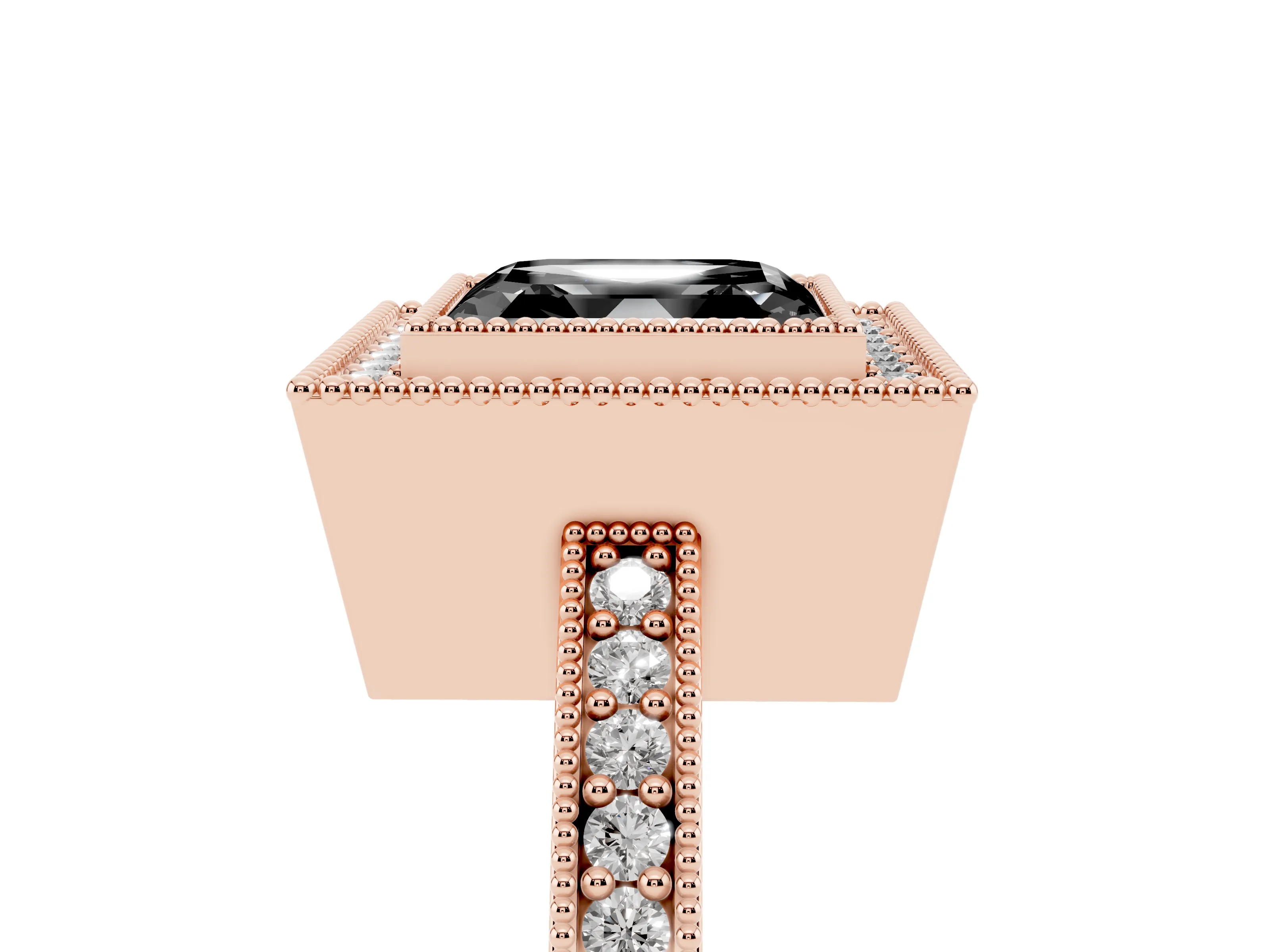 Fancy Black Asscher Cut Diamond Halo Engagement Ring Set in Rose gold with Pavé Band and Round Halo Stones