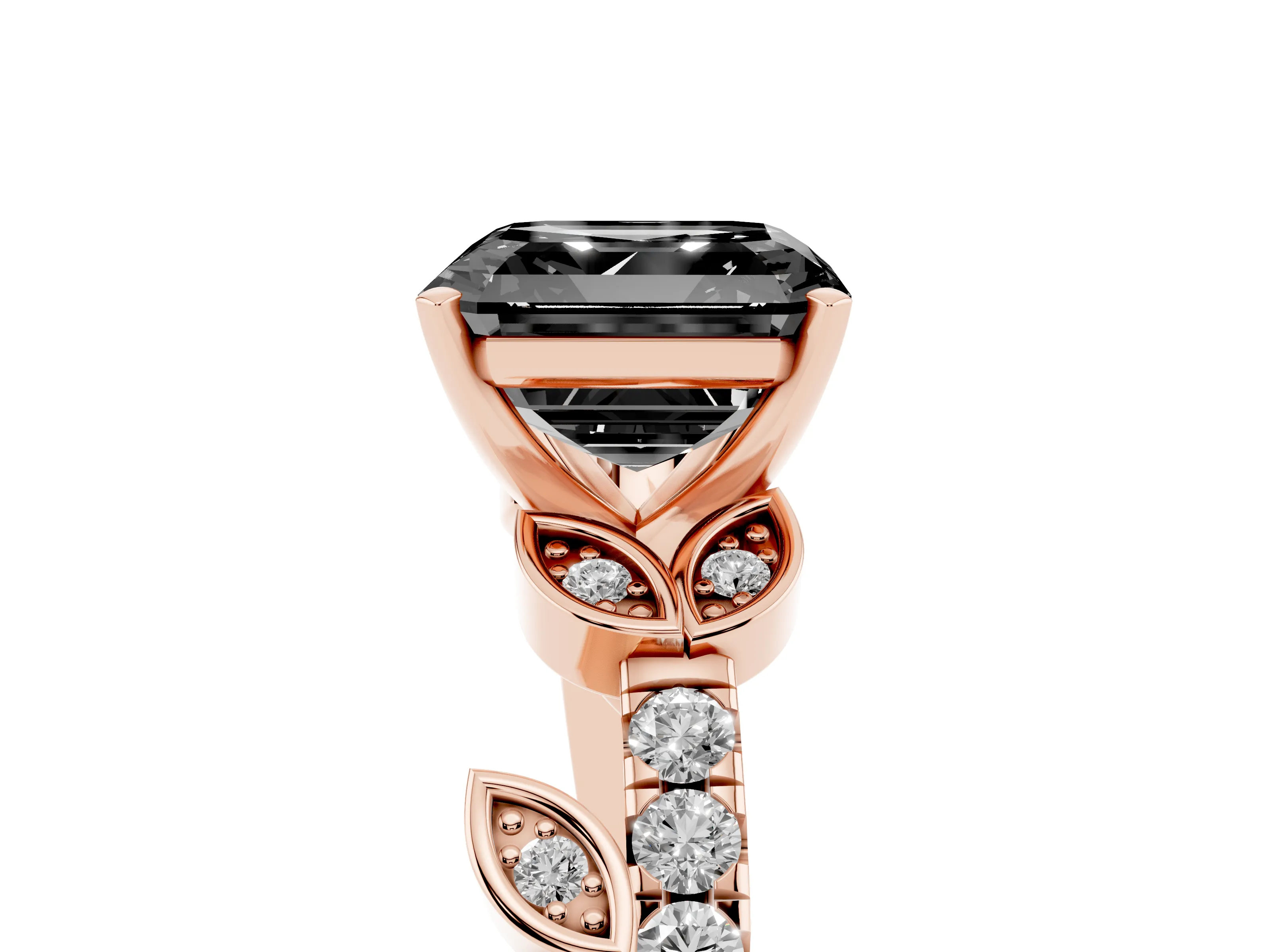 Fancy Black Asscher Cut Diamond Solitaire Leaf-Inspired Ring Set in Rose gold with Pavé Band and Prong Setting