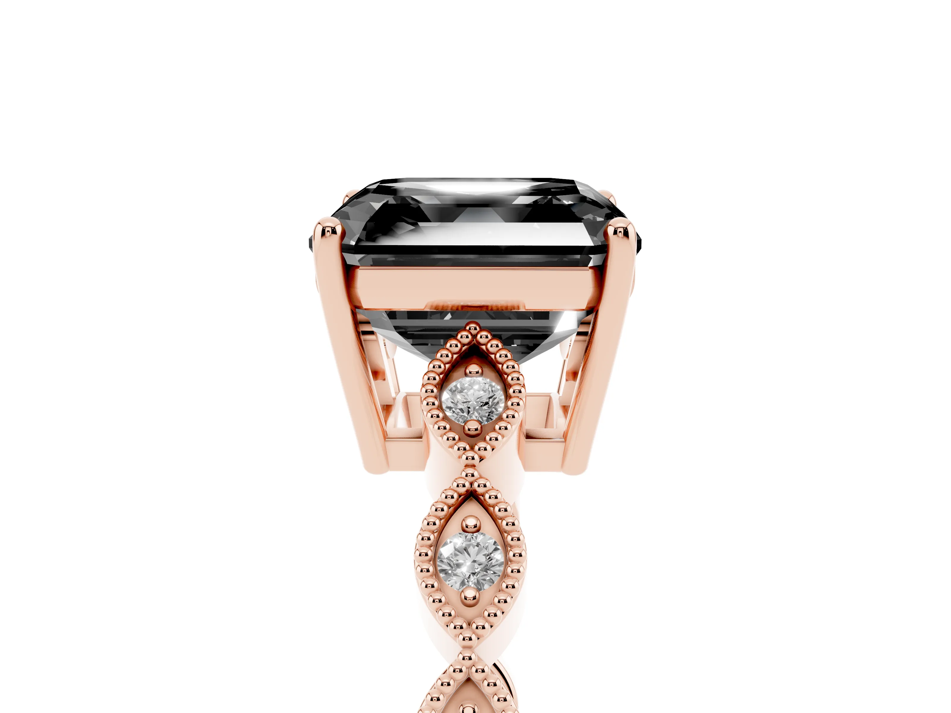 Fancy Black Asscher Cut Diamond Solitaire Ring Set in Rose gold with Infinity Twist Pavé Band