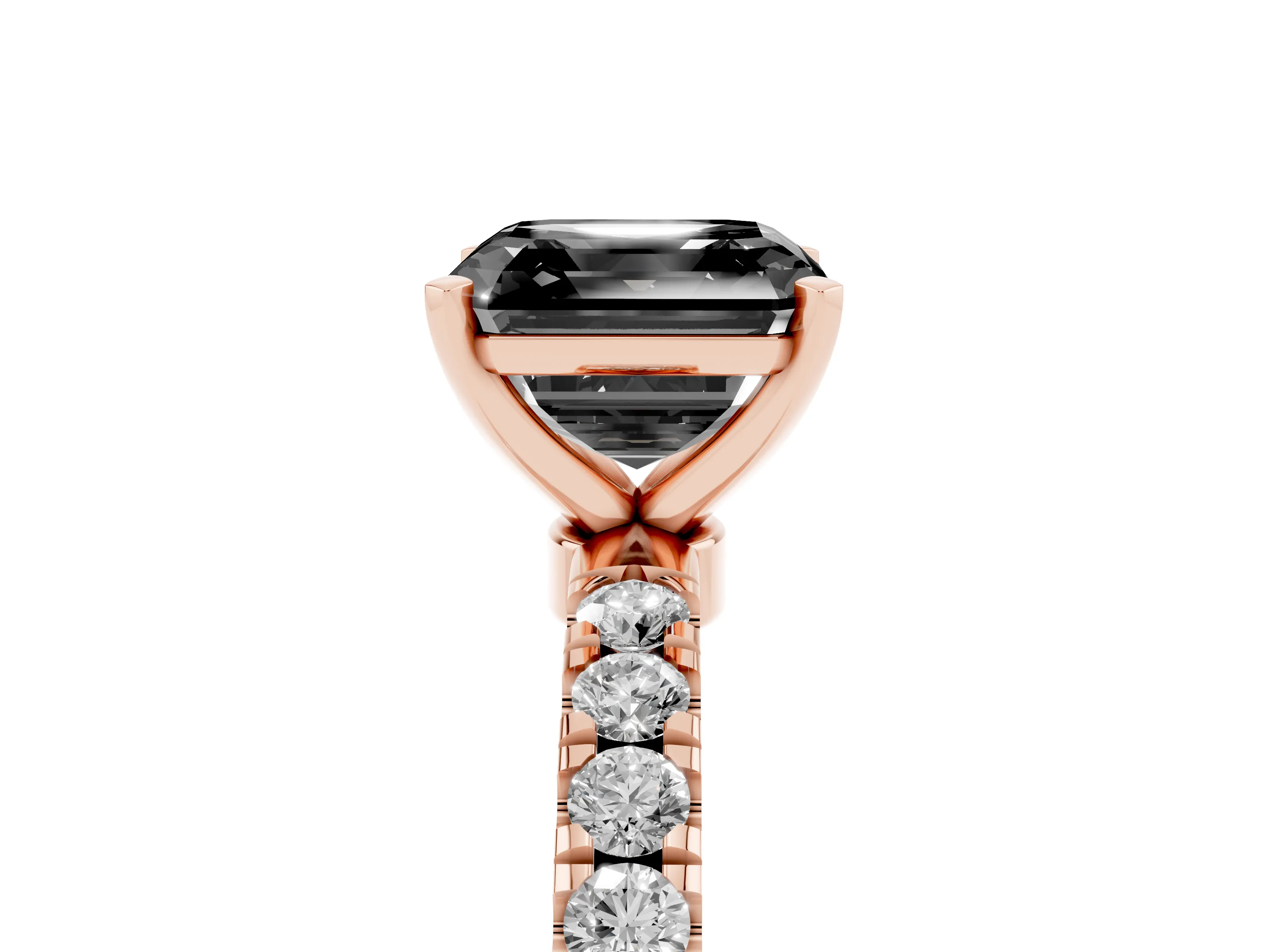 Fancy Black Asscher Cut Diamond Solitaire Ring Set in Rose gold with Pavé Accents and Prong Setting