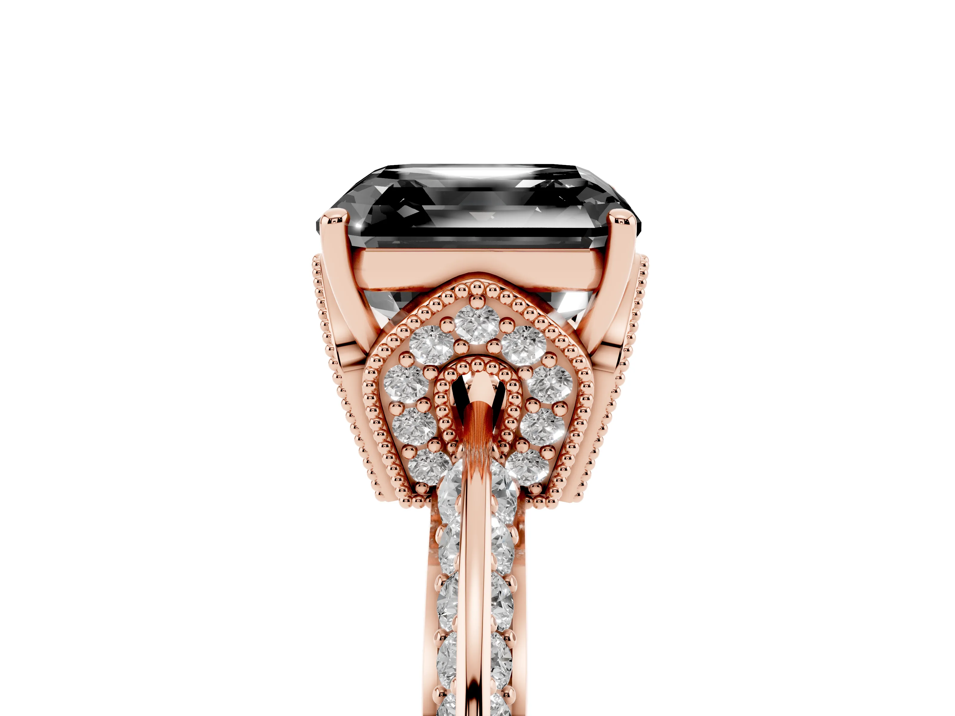 Fancy Black Asscher Cut Diamond Solitaire Engagement Ring Set in Rose gold with Pavé Split Shank and Prong Setting