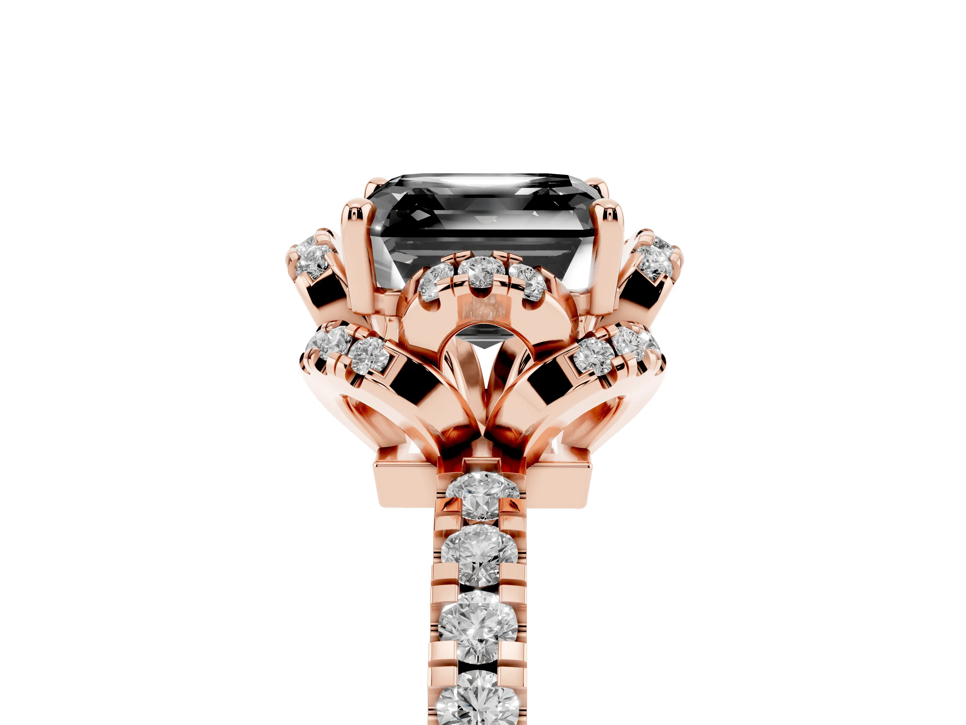 Fancy Black Asscher Cut Diamond Halo Pavé Ring Set in Rose gold with Prong-Held Center Stone