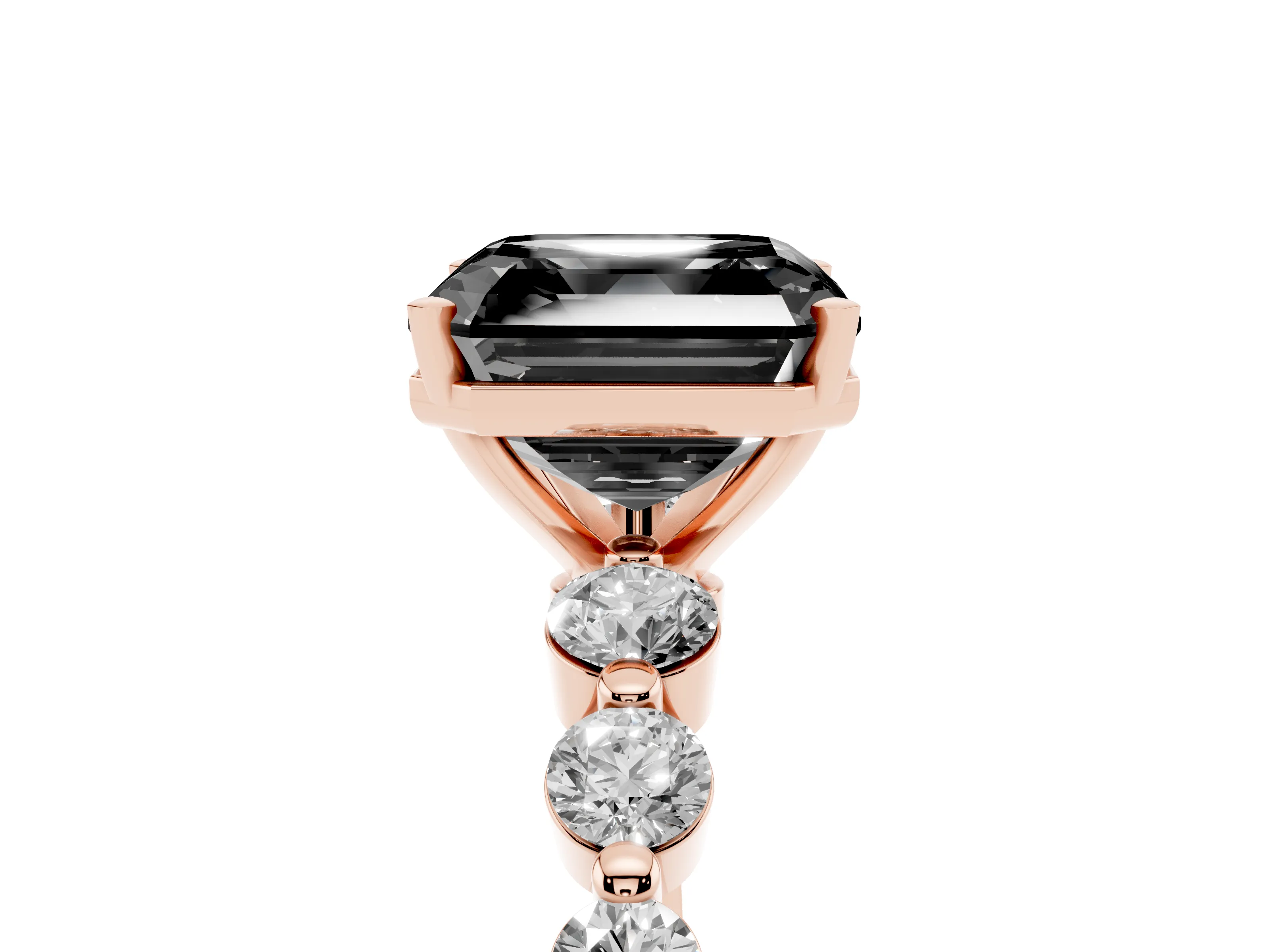 Fancy Black Asscher Cut Diamond Solitaire Ring Set in Rose gold with Pavé Band and Prong Setting
