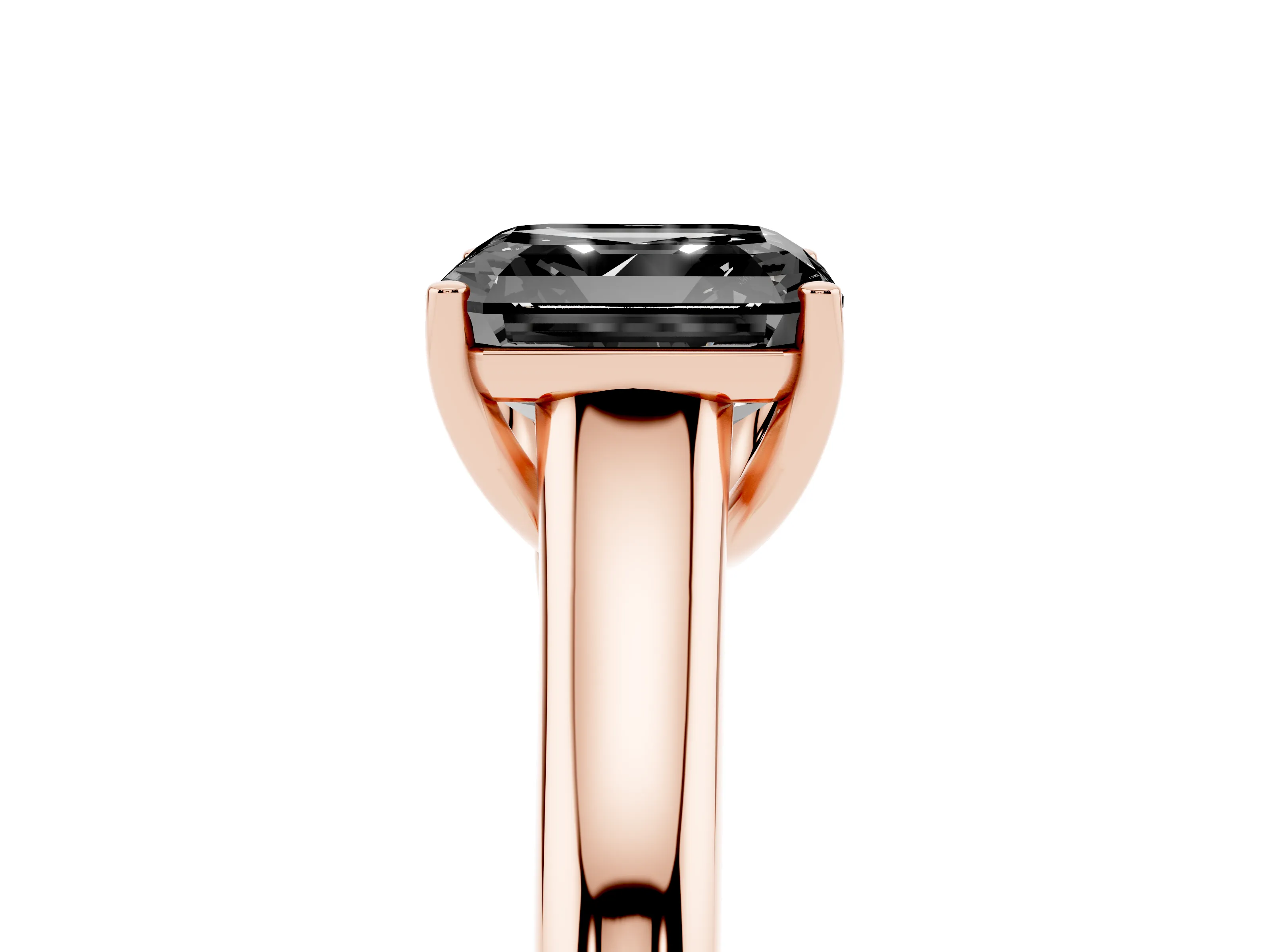 Fancy Black Asscher Cut Diamond Solitaire Engagement Ring Set in Rose gold with Subtly Tapered Band and Prong Setting