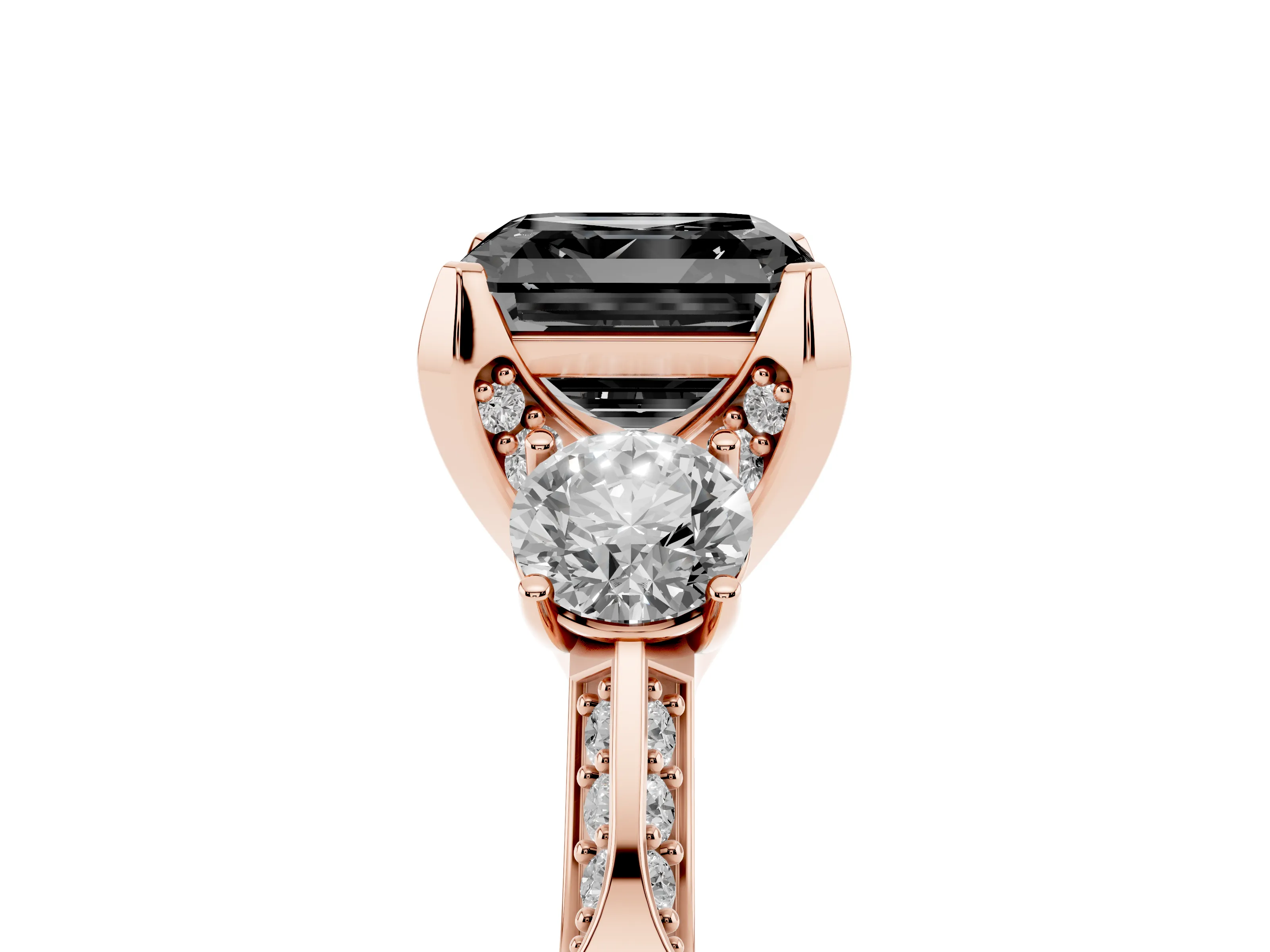 Fancy Black Asscher Cut Diamond Three-Stone Ring Set in Rose gold with Pavé Band and Smaller Side Stones