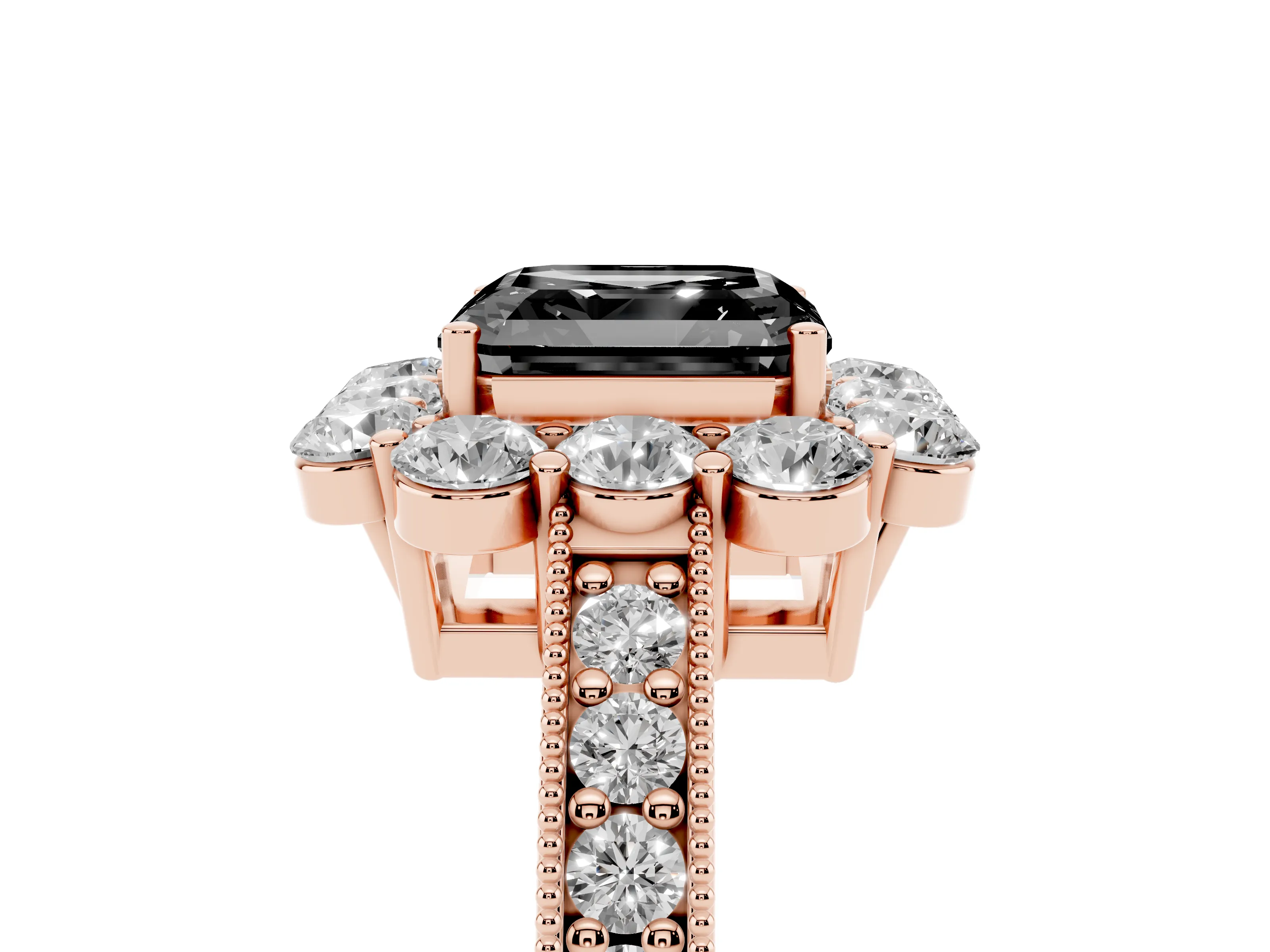 Fancy Black Asscher Cut Diamond Halo Pavé Engagement Ring Set in Rose gold with Milgrain Detailing