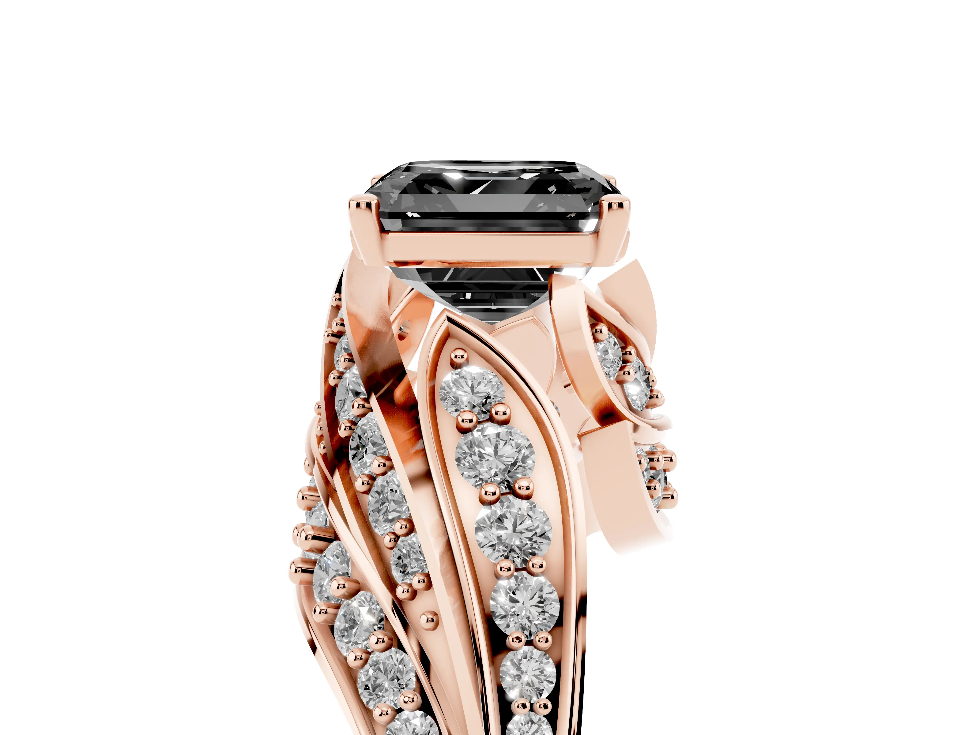 Fancy Black Asscher Cut Diamond Solitaire Ring Set in Rose gold with Layered Twist Pavé Band