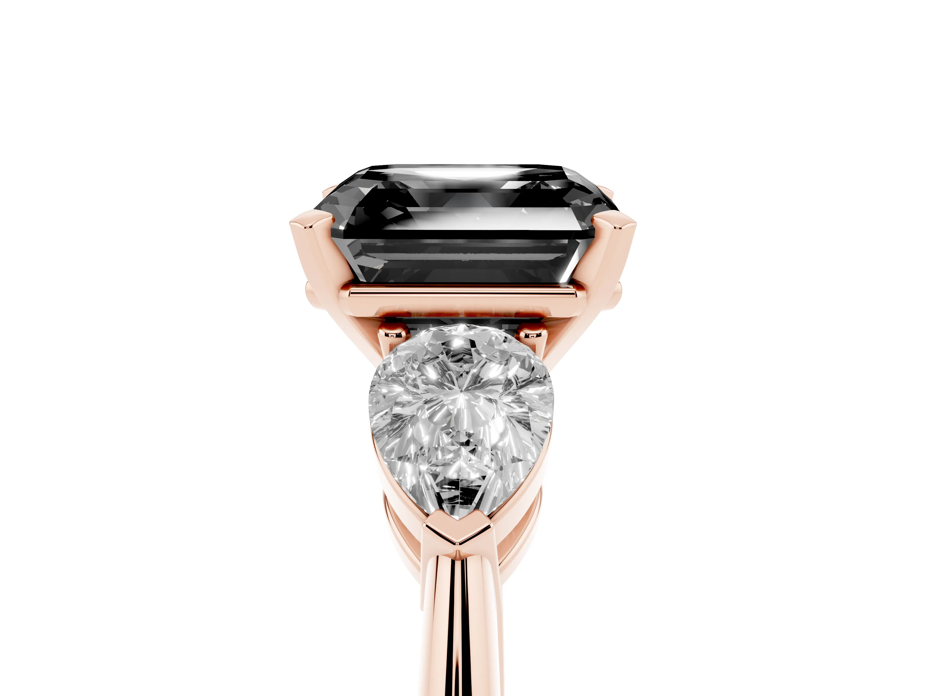 Fancy Black Three-Stone Asscher Cut Diamond Ring Set in Rose gold with Pear Side Stones and Prong Setting