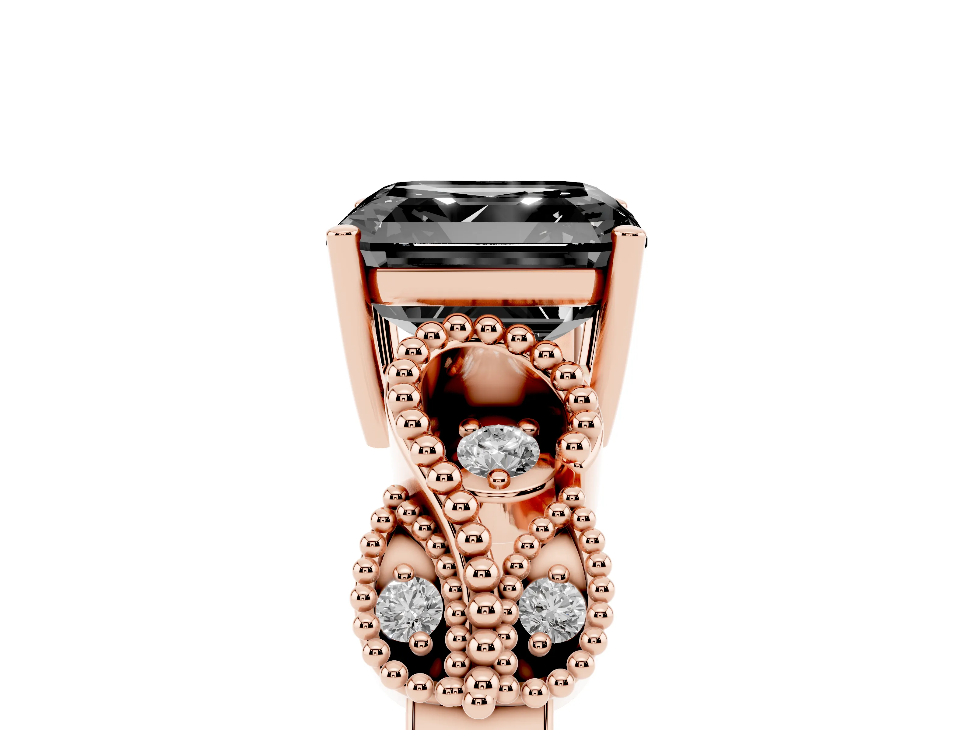 Fancy Black Asscher Cut Diamond Milgrain Leaf Band Solitaire Ring Set in Rose gold with Accent Stones and Prong Setting