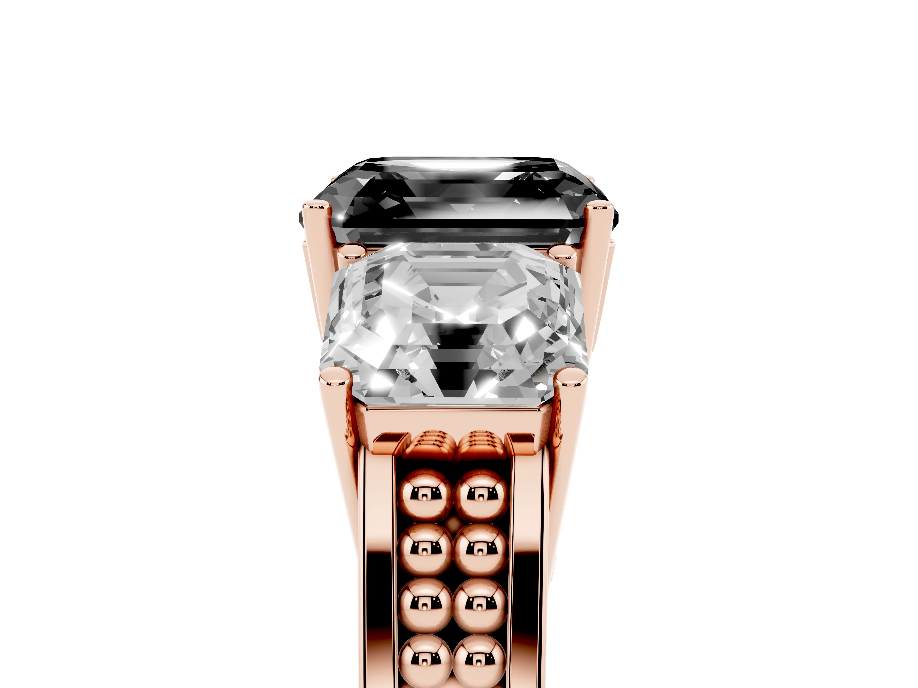 Fancy Black Asscher Cut Diamond Three-Stone Ring Set in Rose gold with Textured Band