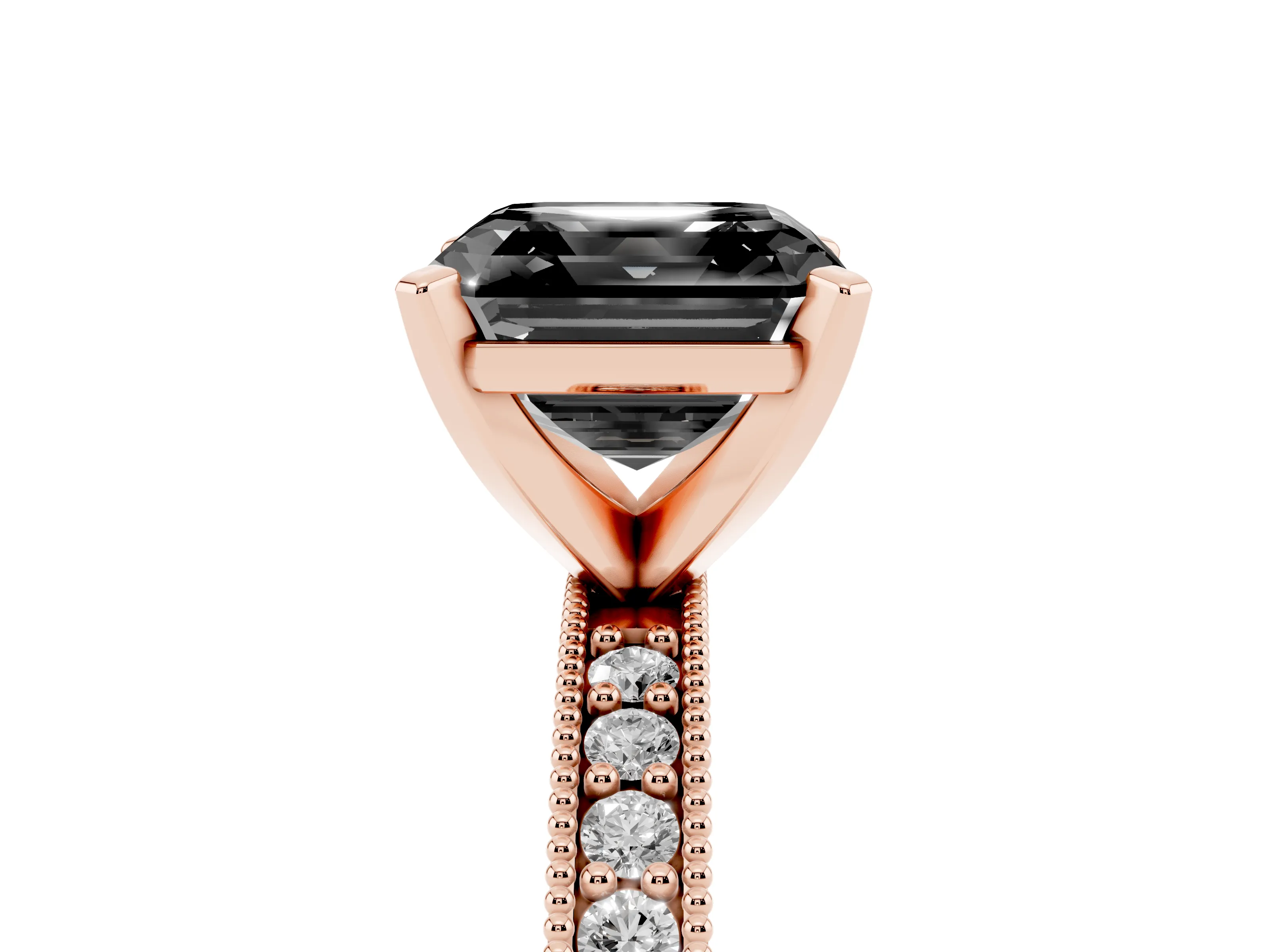 Fancy Black Asscher Cut Diamond Milgrain Pavé Engagement Ring Set in Rose gold with Prong Setting