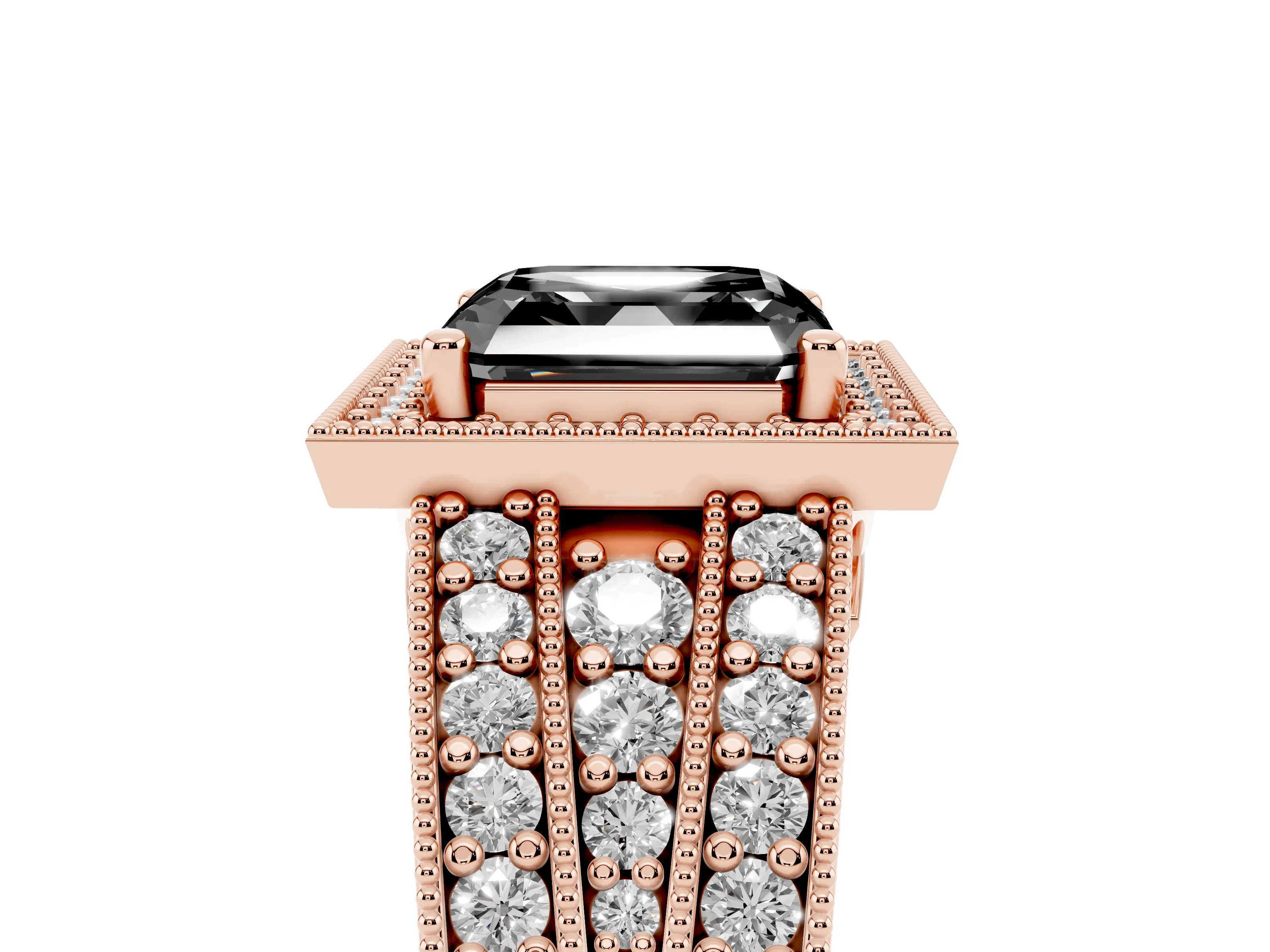 Fancy Black Asscher Cut Diamond Halo Ring Set in Rose gold with Accent Split Shank and Prong Setting