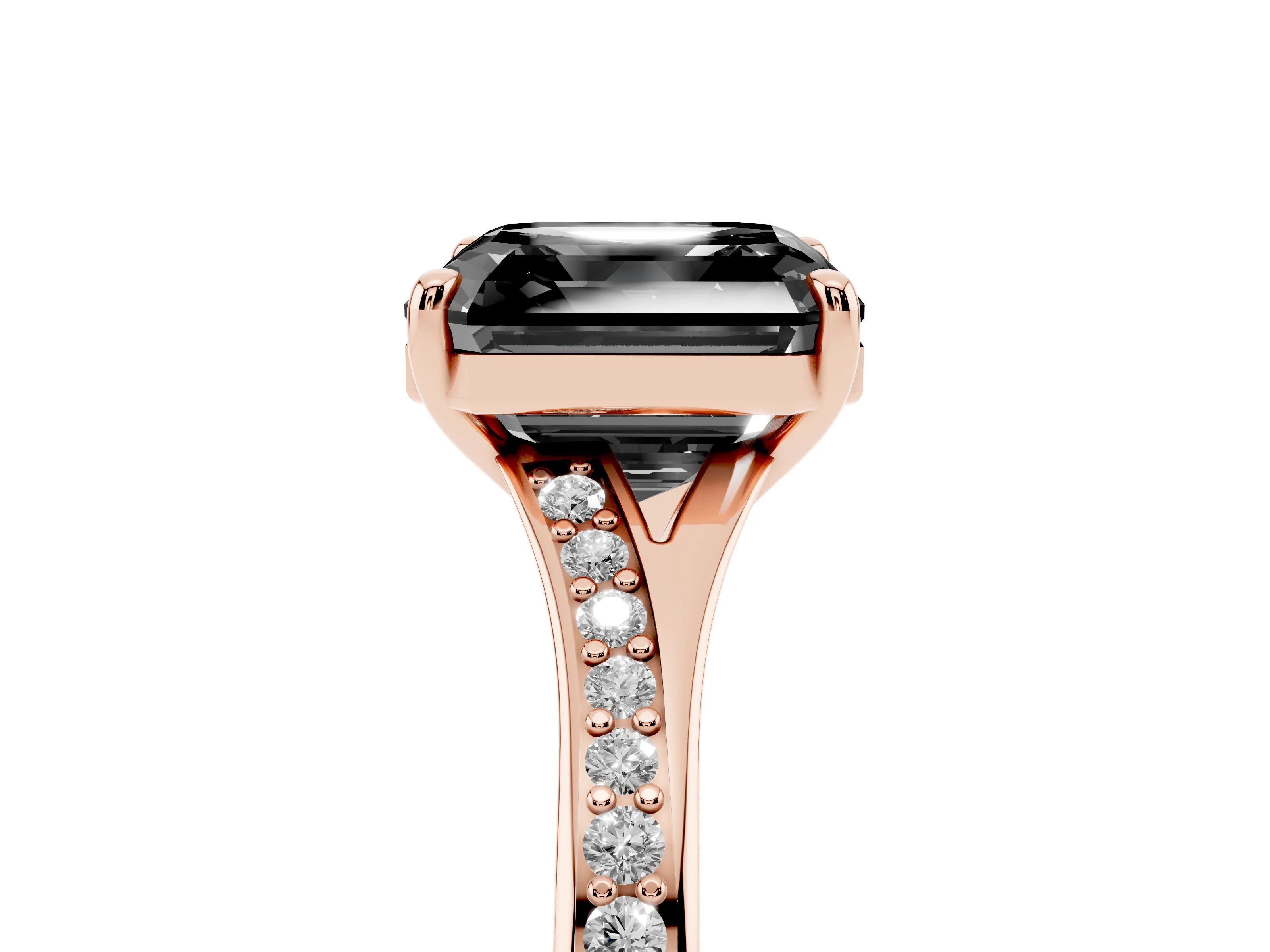 Fancy Black Asscher Cut Diamond Solitaire Ring Set in Rose gold with Pavé Accent Band and Classic Prong Setting