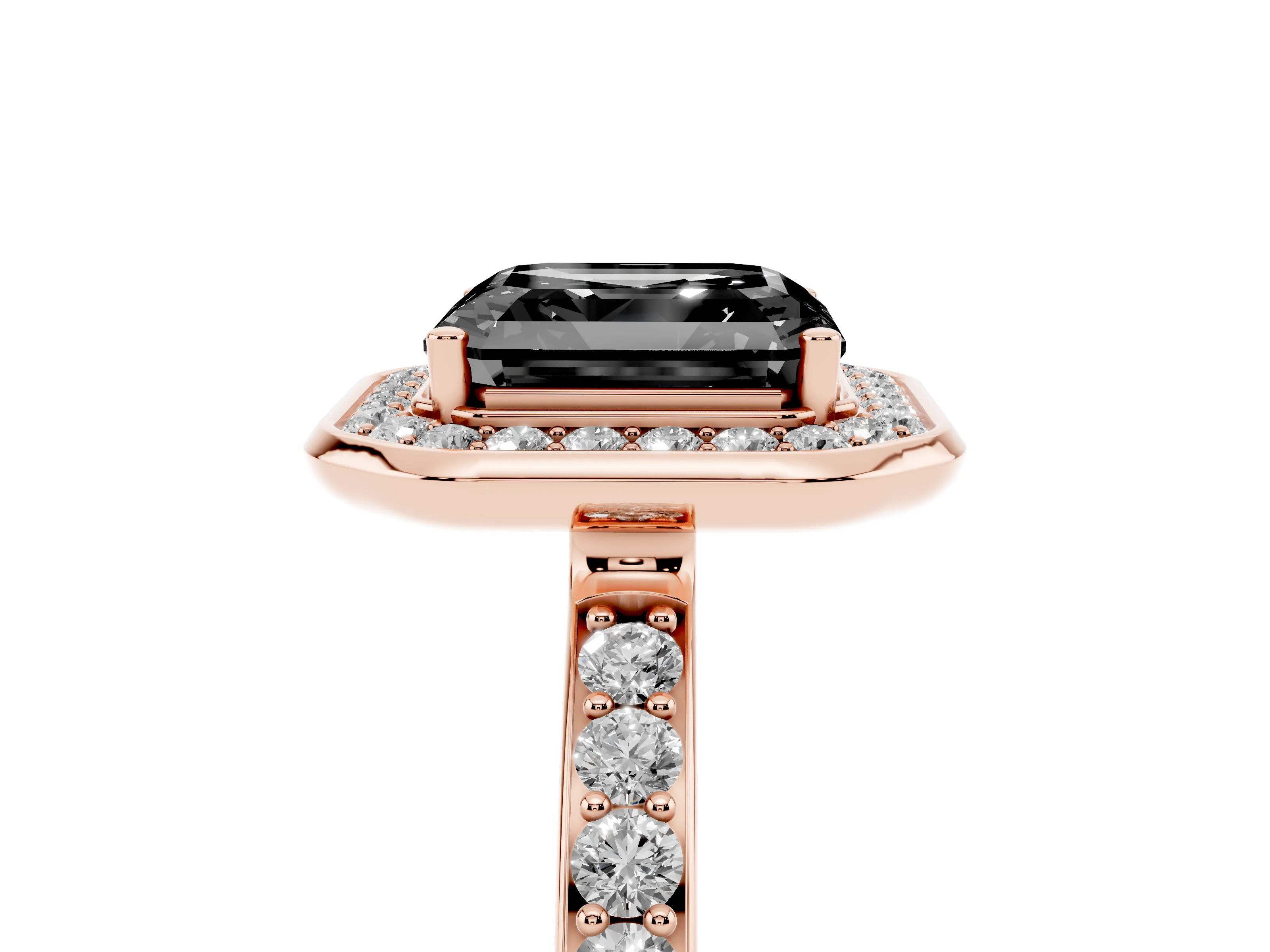 Fancy Black Asscher Cut Diamond Halo Ring Set in Rose gold with Bezel Frame and Pavé Band