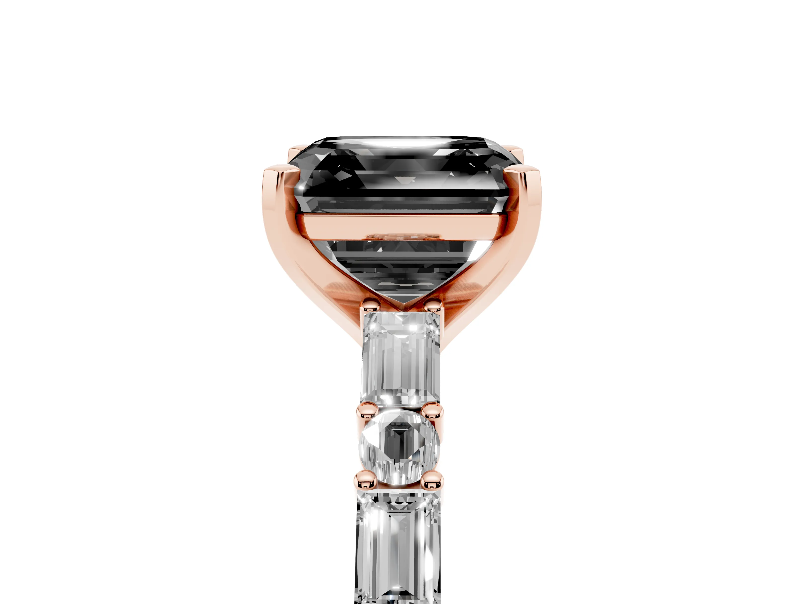 Fancy Black Asscher Cut Diamond Solitaire Set in Rose gold with Side Baguettes and Channel Set Band