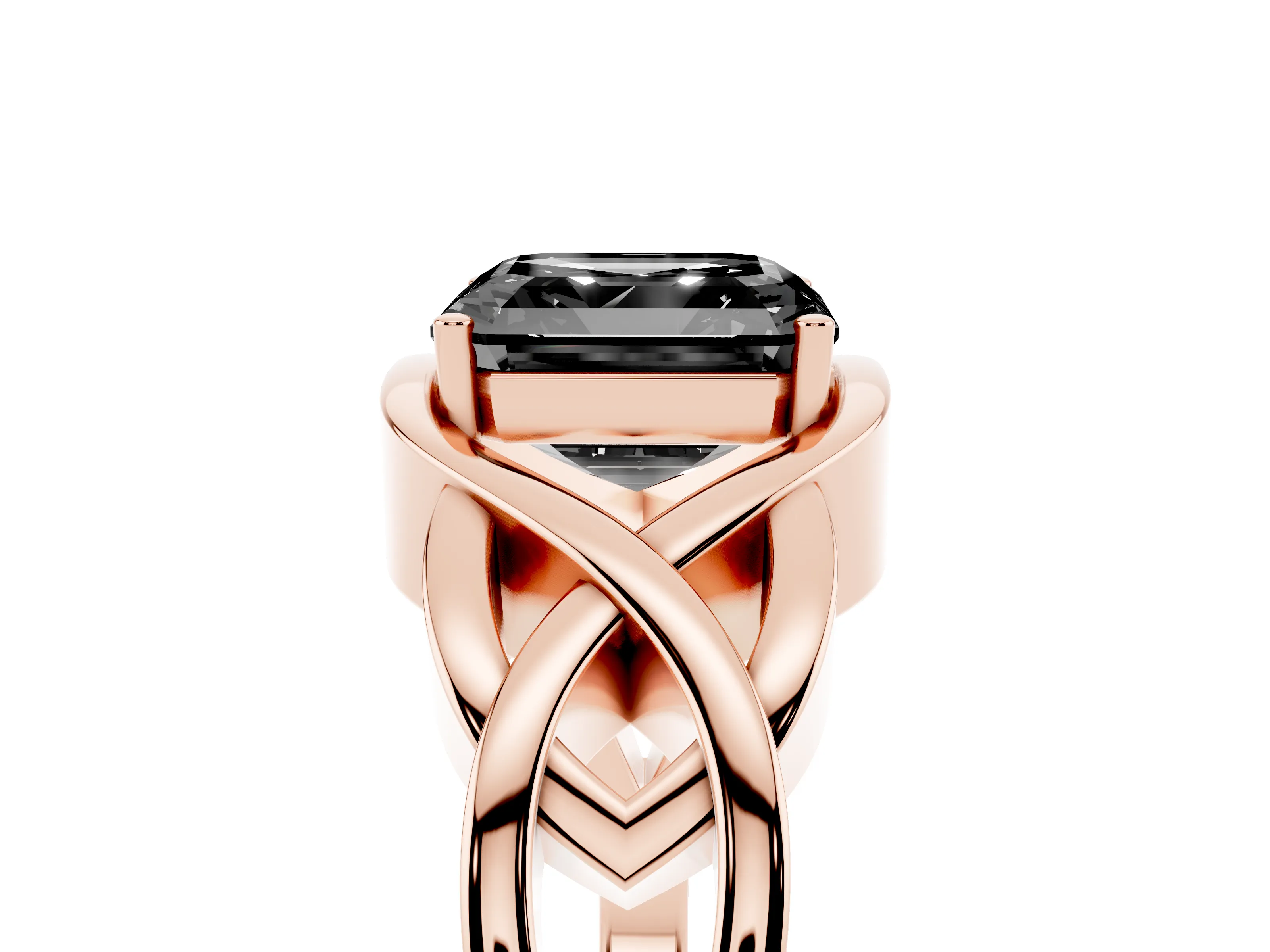 Fancy Black Asscher Cut Diamond Solitaire Ring Set in Rose gold with Intertwined Band