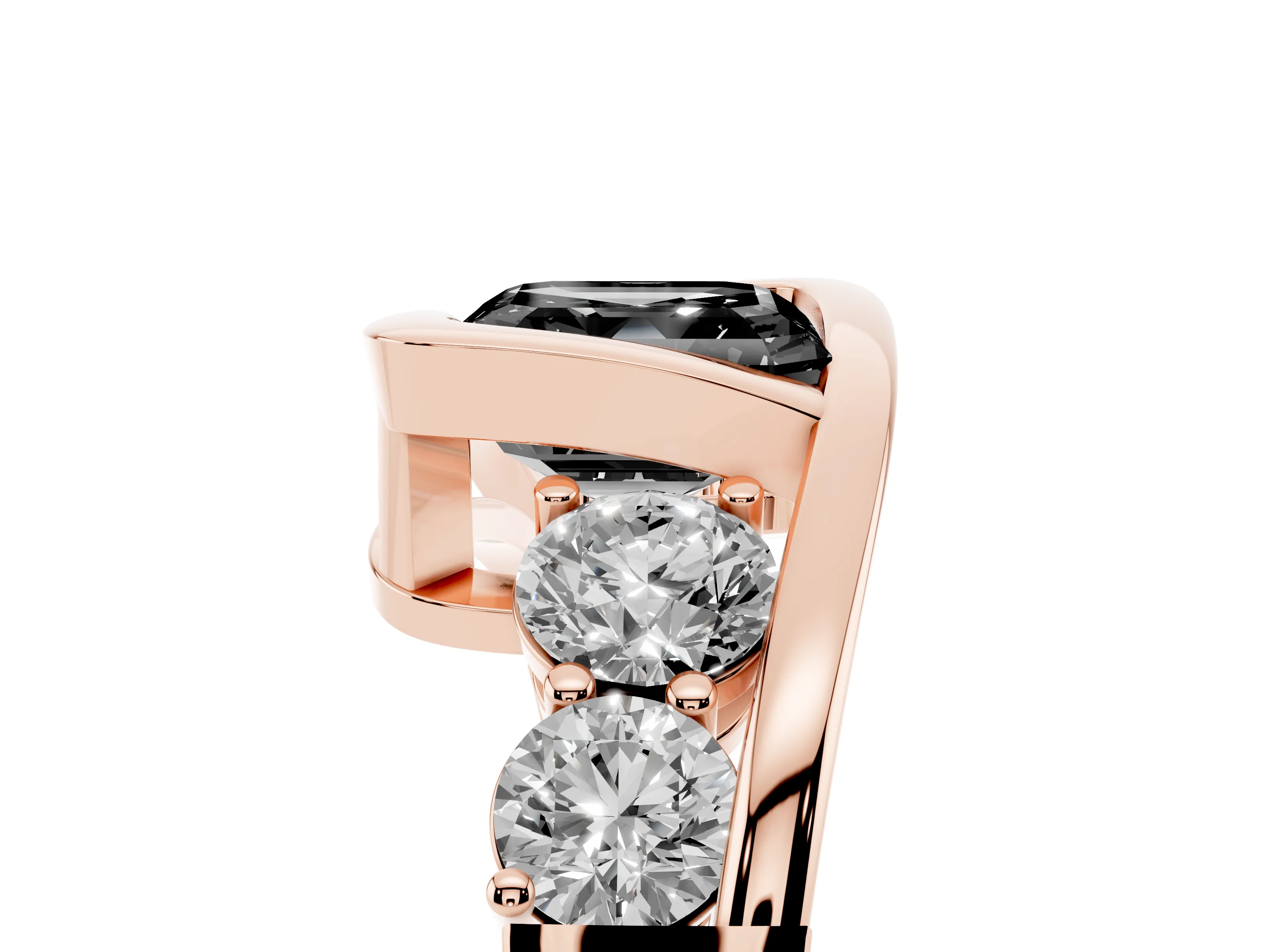 Fancy Black Asscher Cut Diamond Bezel Bypass Ring Set in Rose gold with Round Accents