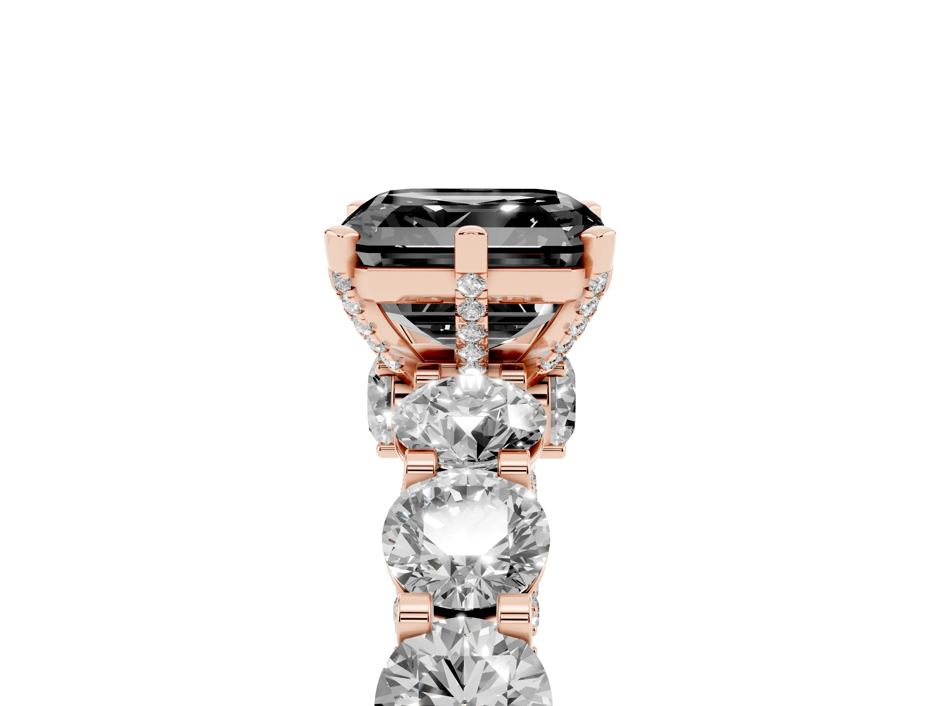 Fancy Black Asscher Cut Diamond Side Stone Ring Set in Rose gold with Alternating Round and Oval Side Stones