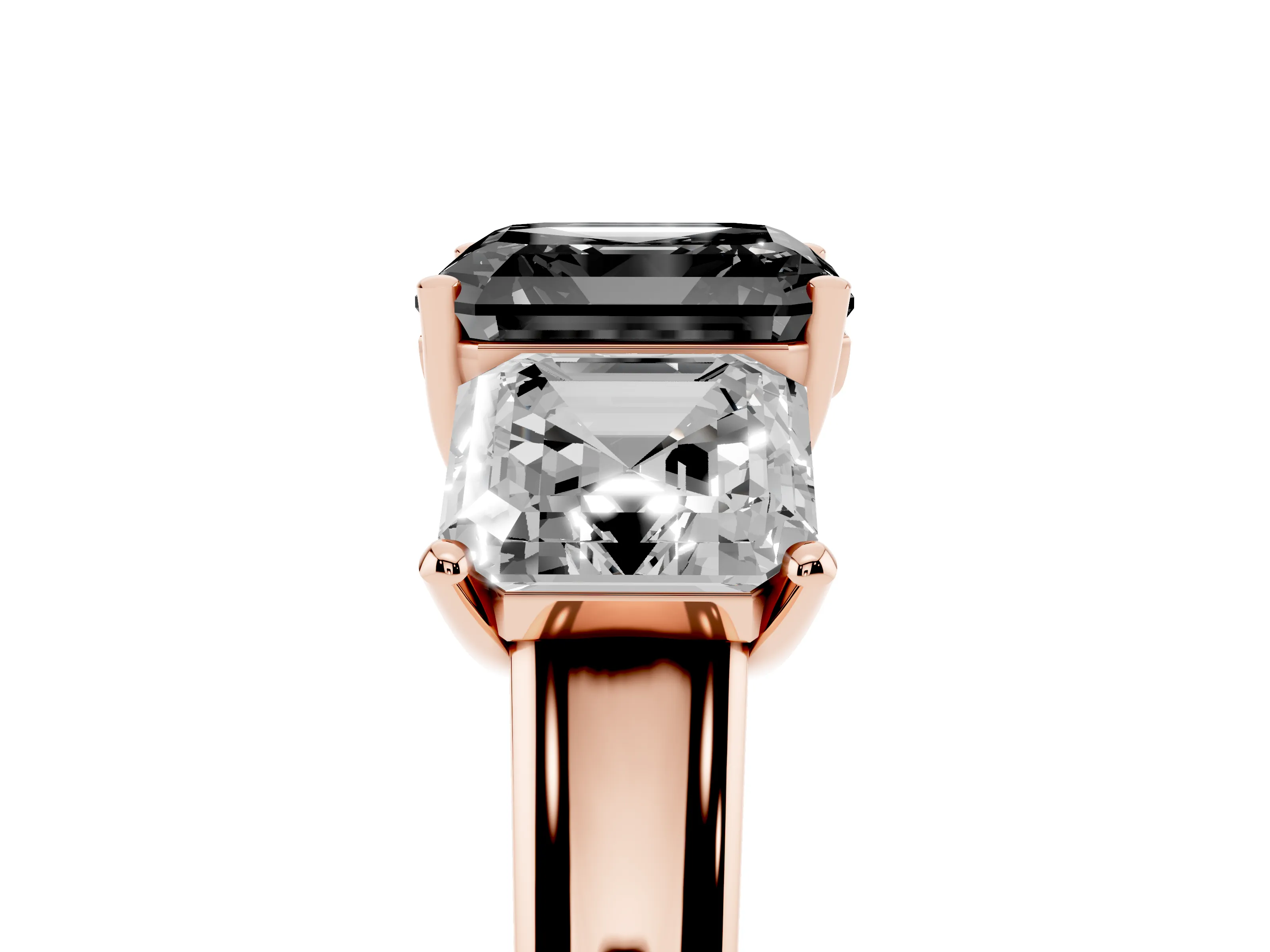Fancy Black Asscher Cut Diamond Three-Stone Ring Set in Rose gold with Classic Prong Setting and Plain Band