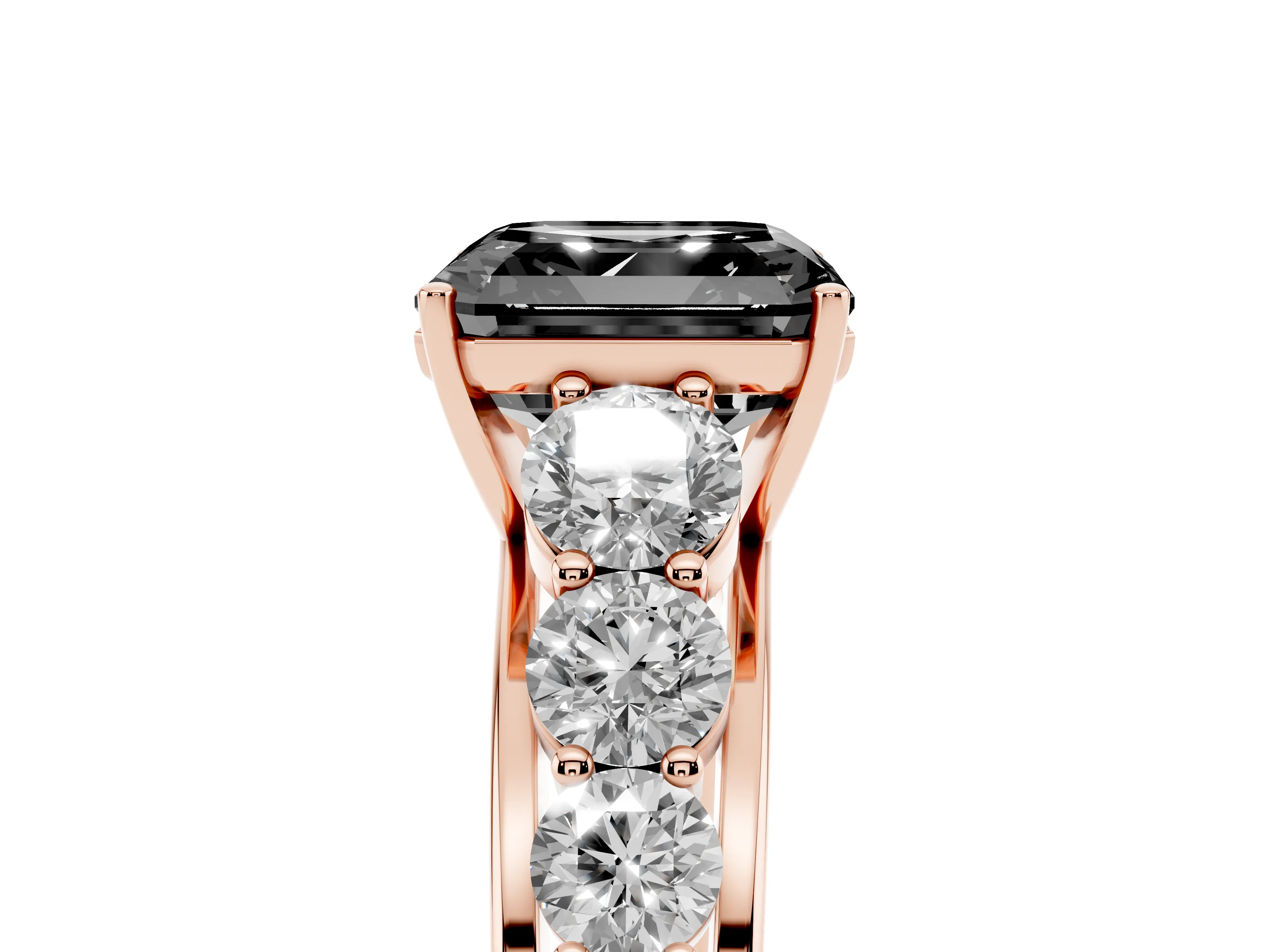 Fancy Black Asscher Cut Diamond Solitaire Ring Set in Rose gold with Pavé-Set Band and Prong Setting