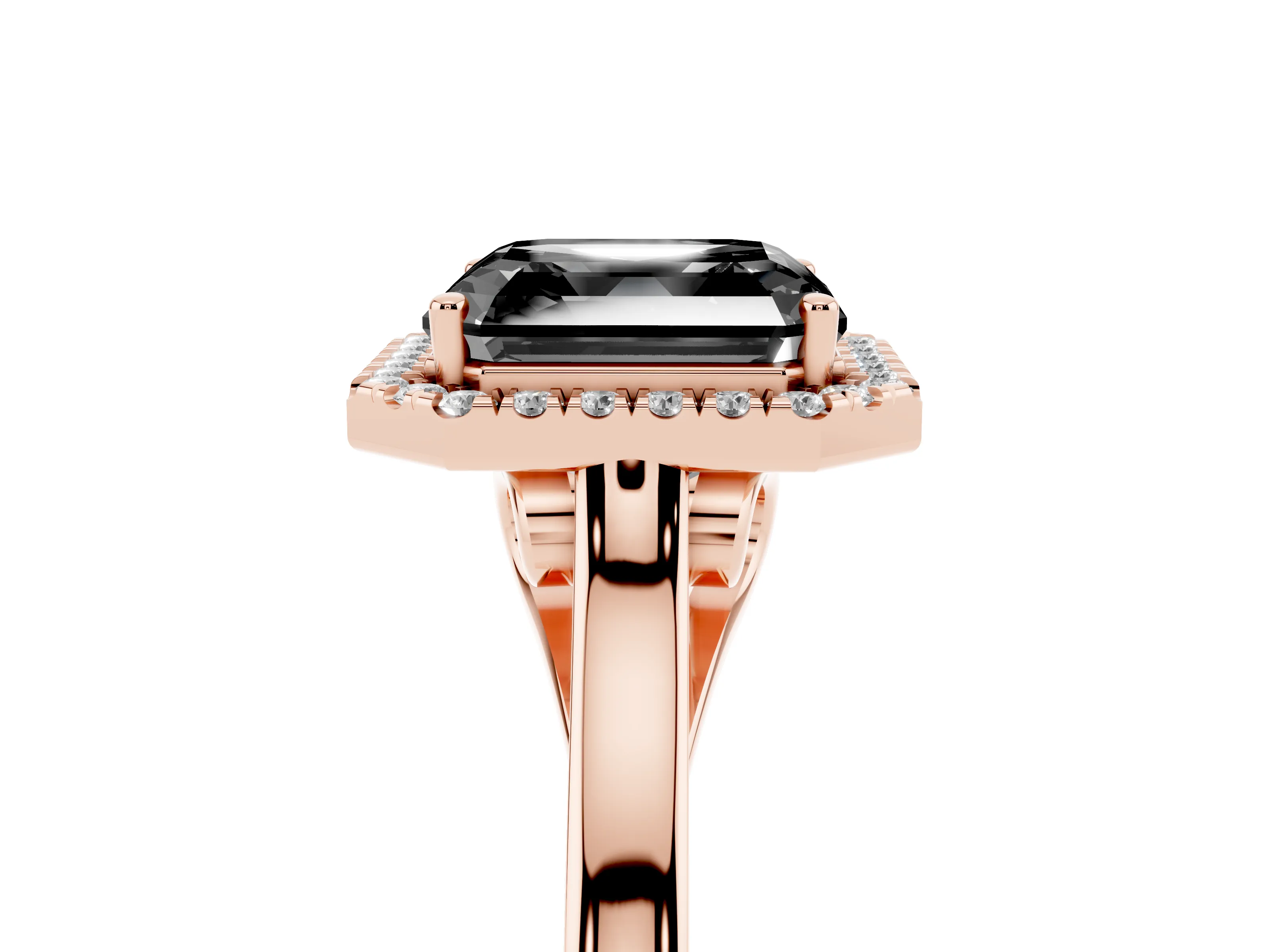 Fancy Black Asscher Cut Halo Round Diamond Solitaire Ring Set in Rose gold with Pavé Band and Prong Setting