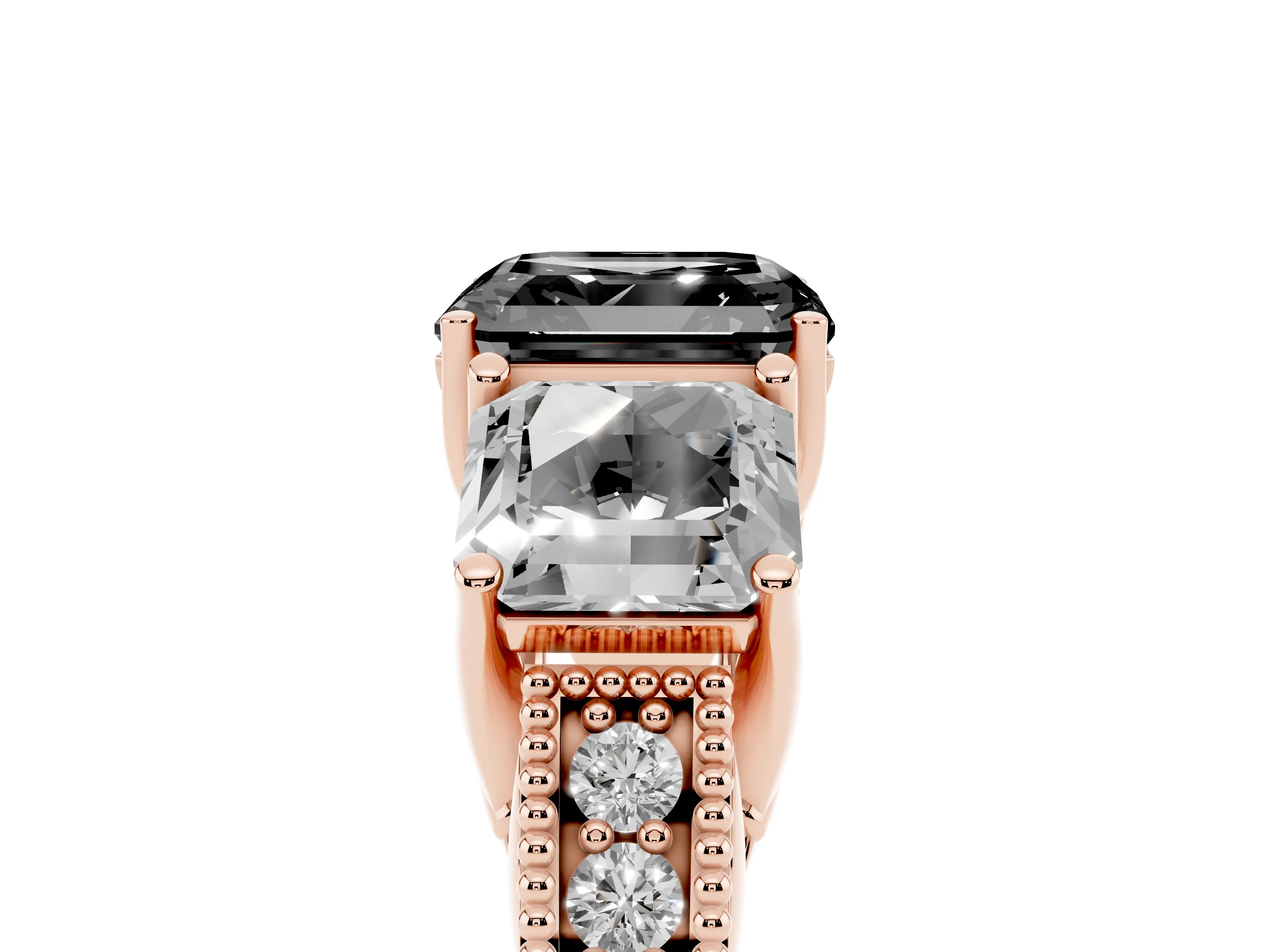 Fancy Black Asscher Cut Diamond Three-Stone Engagement Ring Set in Rose gold with Milgrain Pavé Band