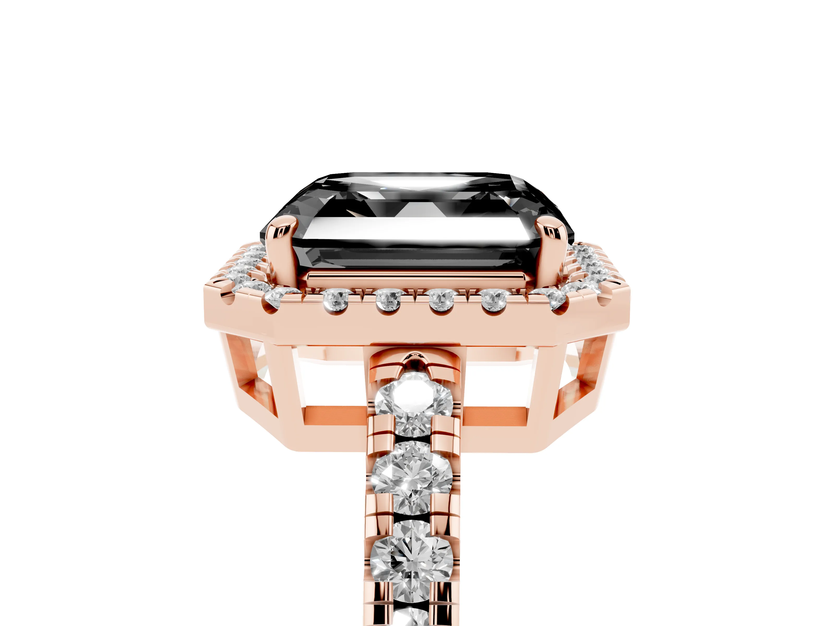 Fancy Black Asscher Cut Diamond Halo Ring Set in Rose gold with Delicate Pavé Band and Prong Setting