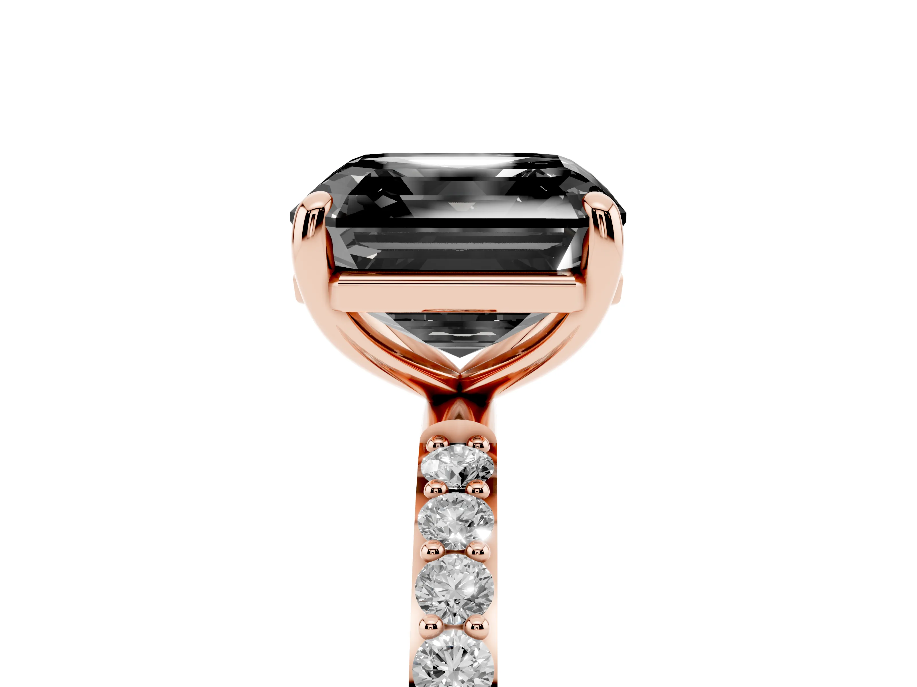 Fancy Black Asscher Cut Diamond Solitaire Ring Set in Rose gold with Round Pavé Band and Prong Setting