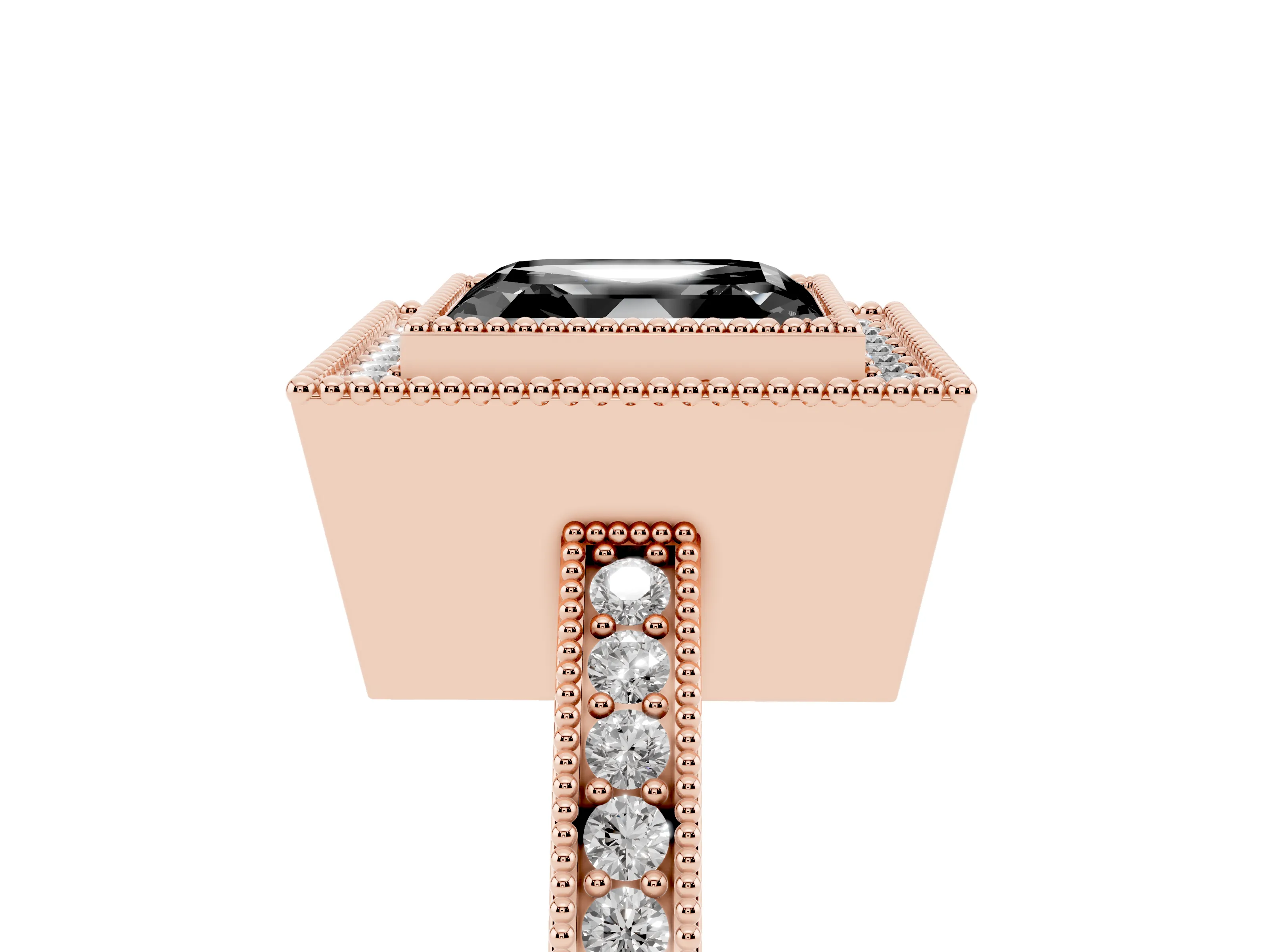 Fancy Black Asscher Cut Diamond Round Halo Ring Set in Rose gold with Pavé Band