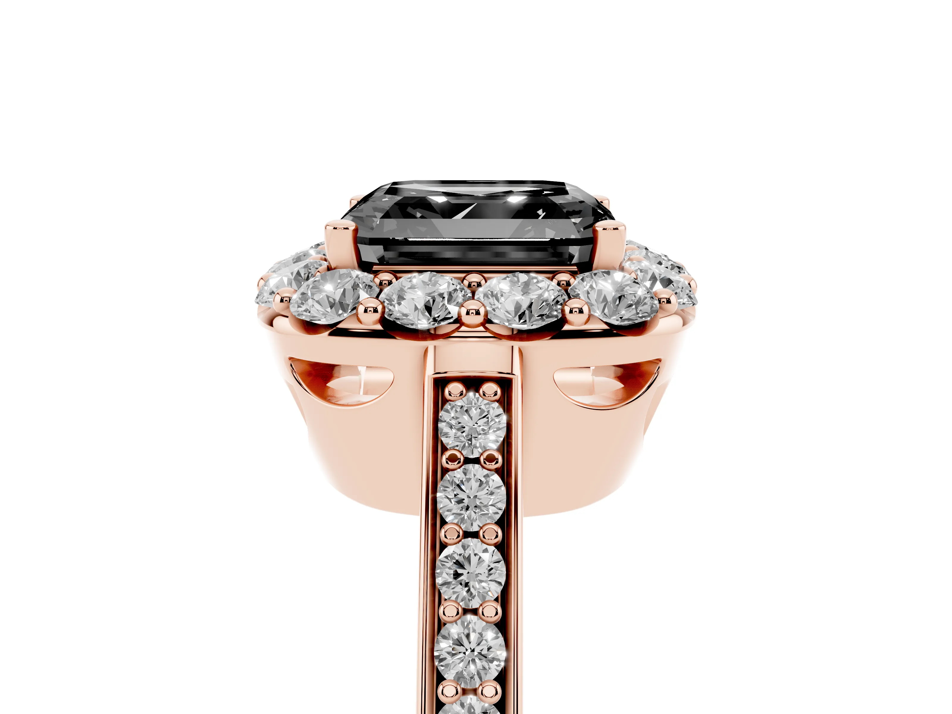 Fancy Black Asscher Cut Diamond Floral Halo Ring Set in Rose gold with Pavé Band and Prong Setting
