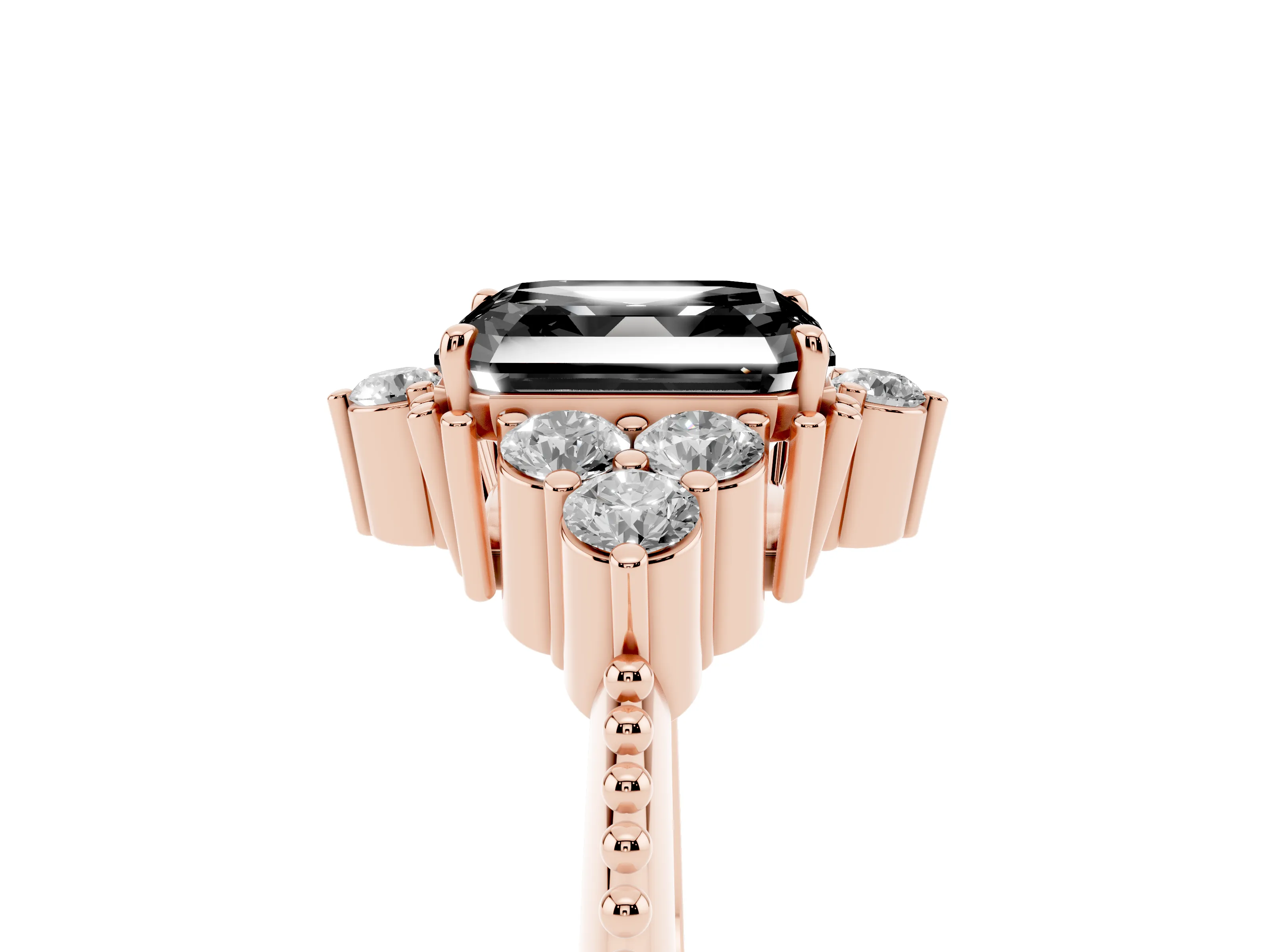 Fancy Black Asscher Cut Diamond Cluster Ring Set in Rose gold with Beaded Band