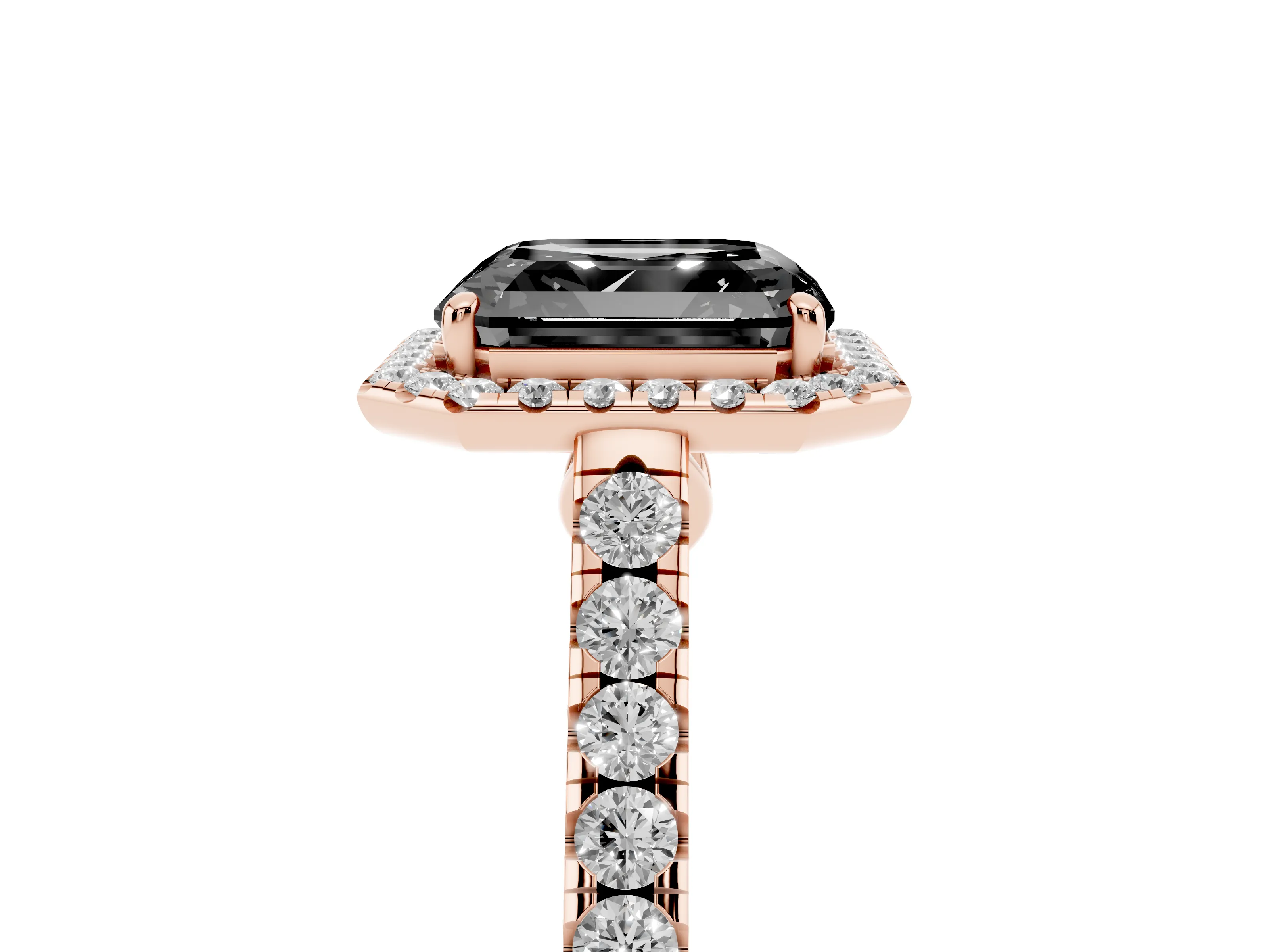 Fancy Black Asscher Cut Diamond Halo Pavé Engagement Ring Set in Rose gold with Prong Setting