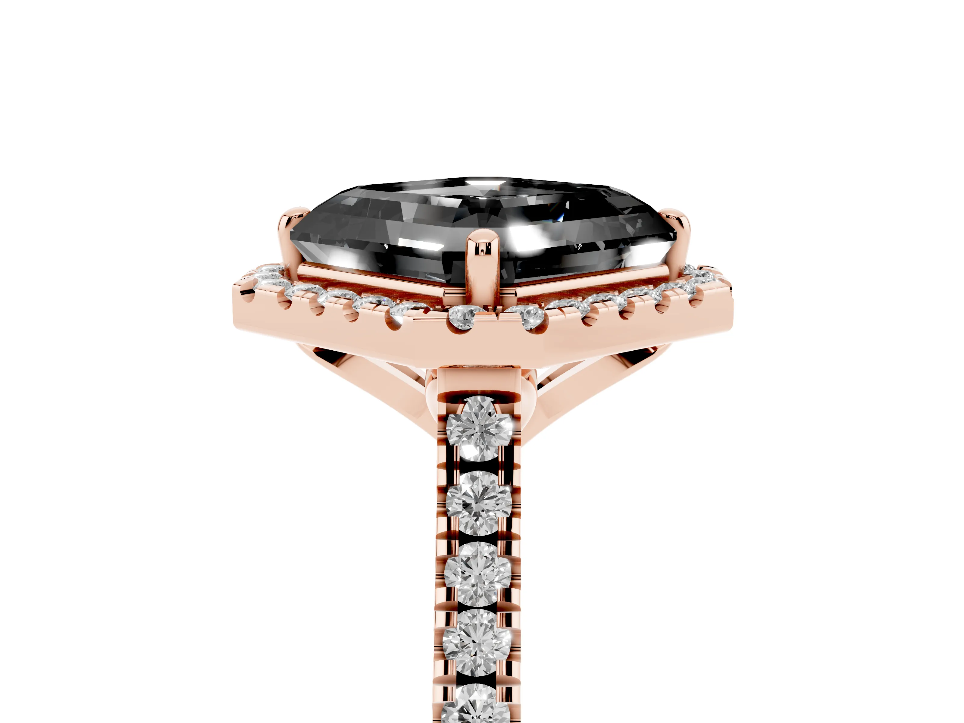 Fancy Black Asscher Cut Diamond Cushion Halo Ring Set in Rose gold with Pavé Band