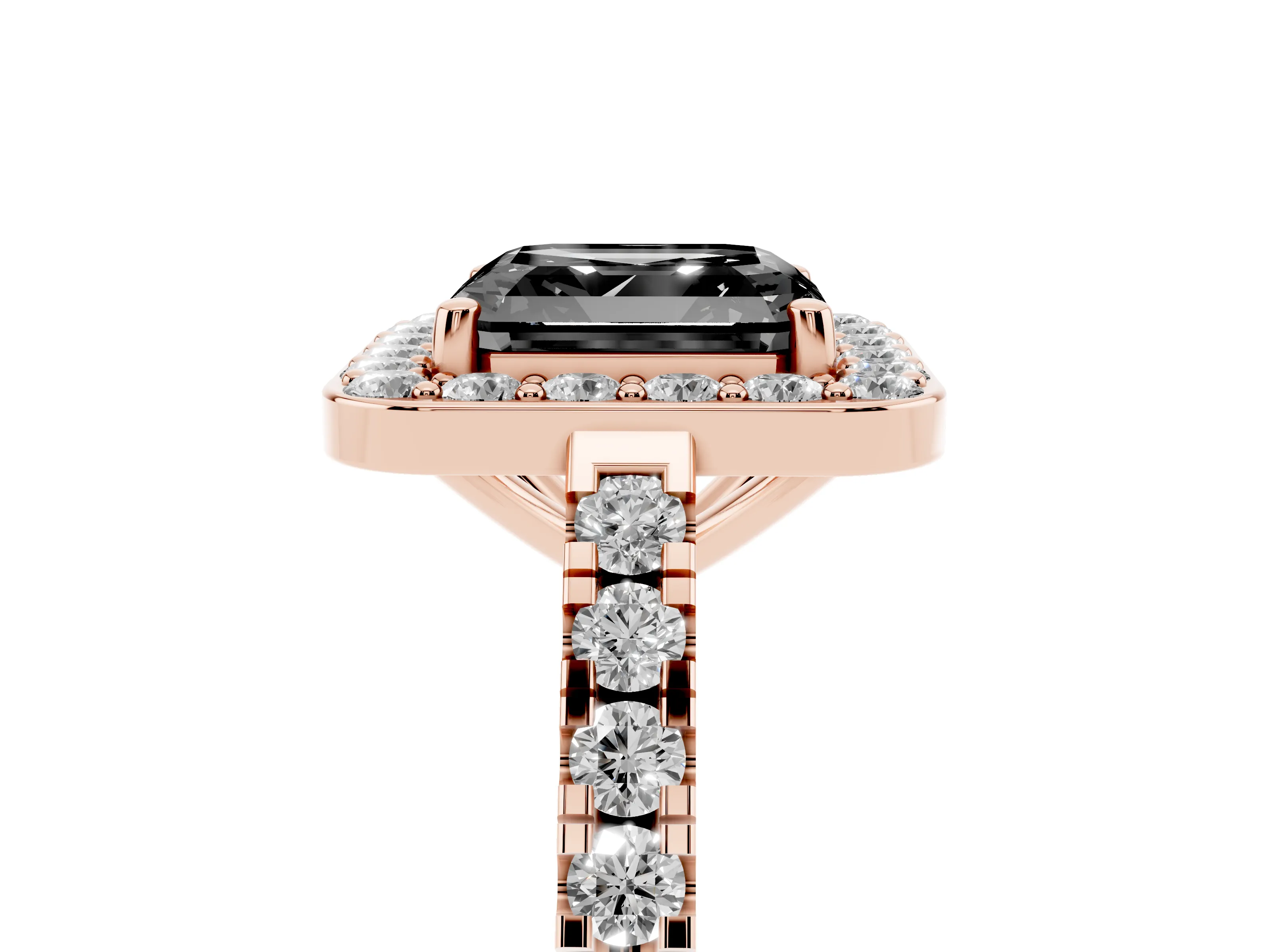 Fancy Black Asscher Cut Diamond Halo Ring Set in Rose gold with Round Pavé Split Shank and Prong Setting