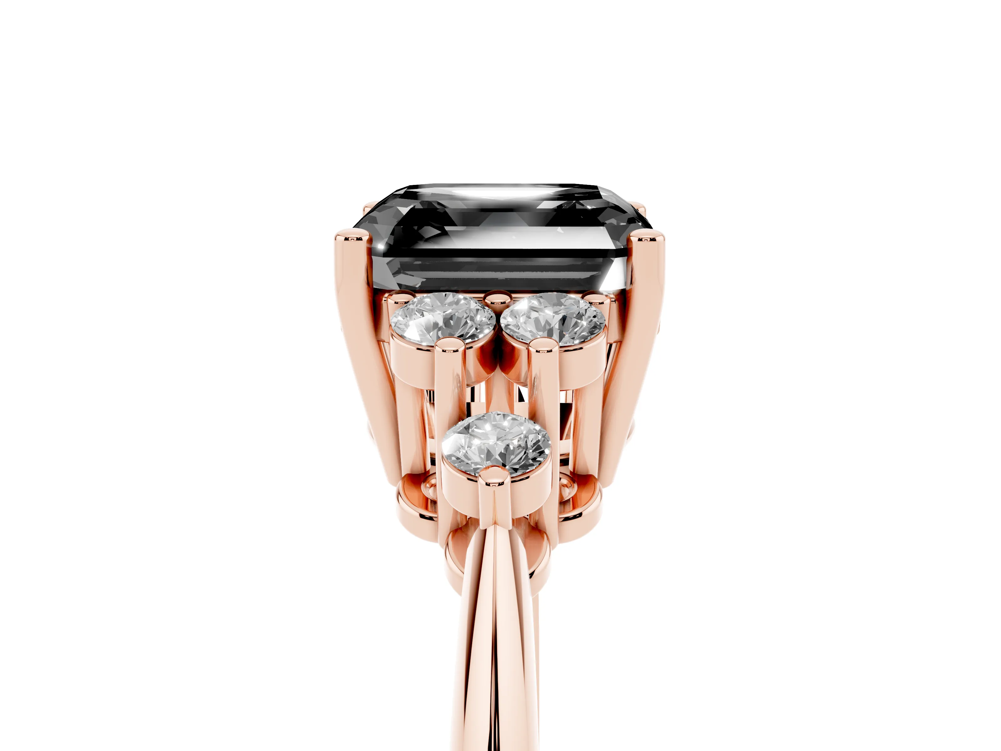 Fancy Black Asscher Cut Diamond Cluster Ring Set in Rose gold with Plain Band and Prong Setting