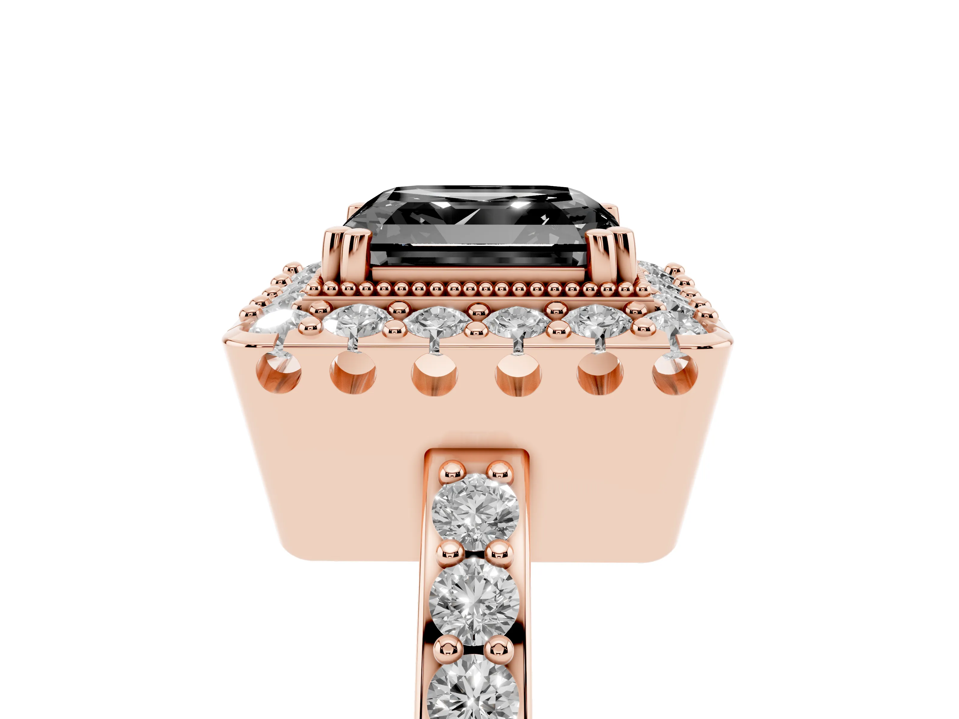Fancy Black Asscher Cut Diamond Halo Ring Set in Rose gold with Pavé Shank and Prong Setting