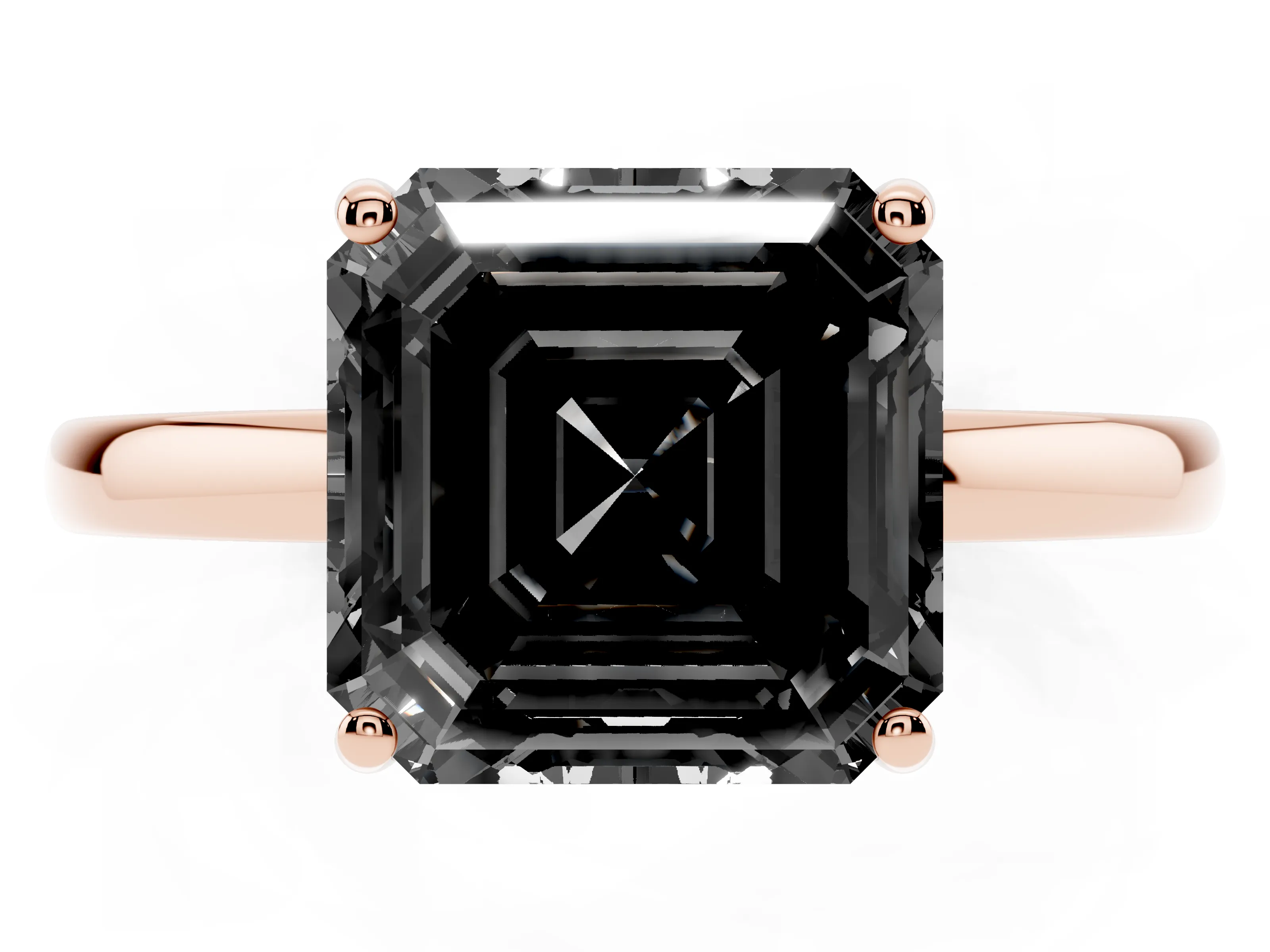 Fancy Black Asscher Cut Diamond Solitaire Ring Set in Rose gold with Plain Band and Prong Setting
