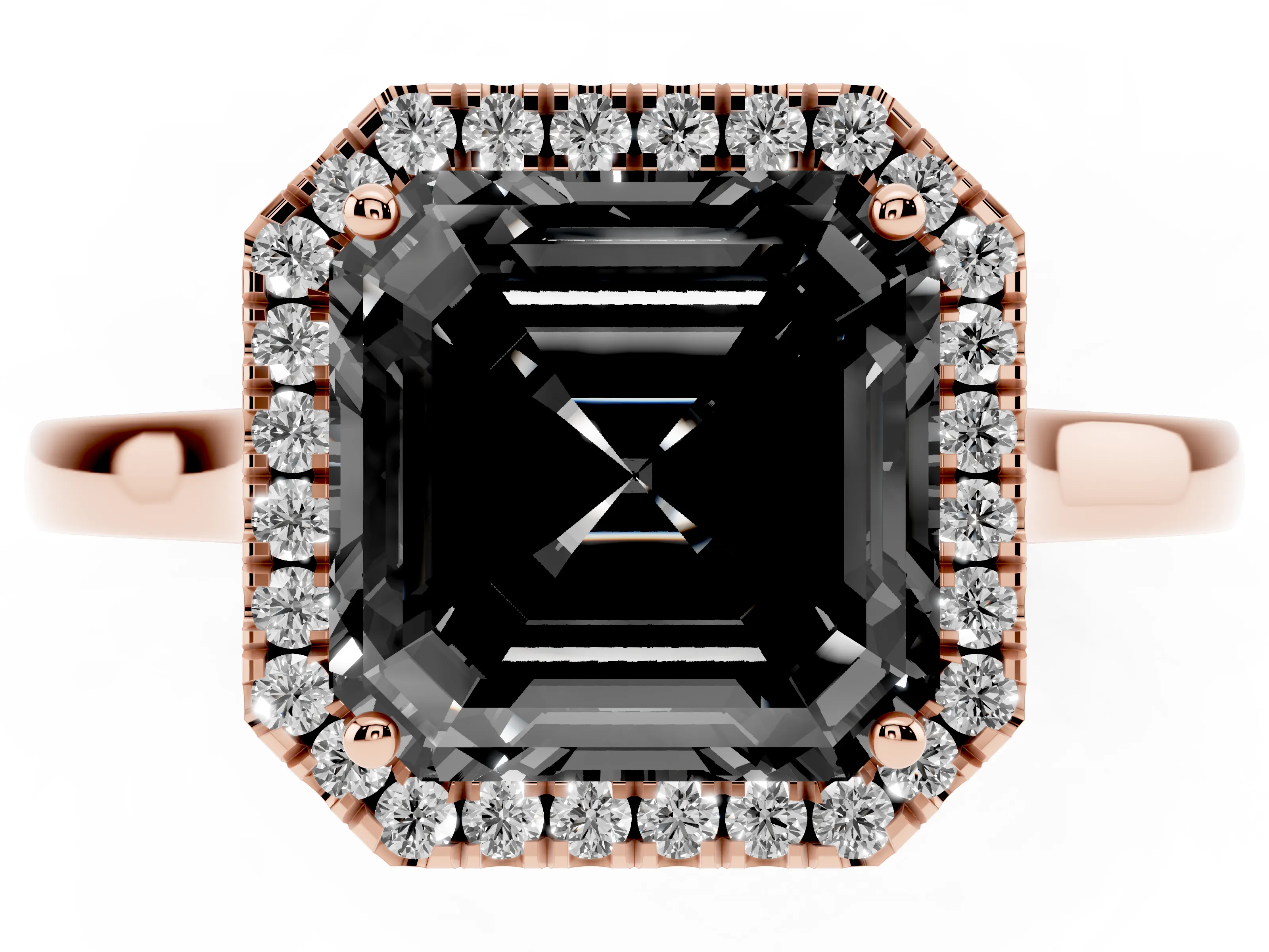 Fancy Black Asscher Cut Halo Round Diamond Solitaire Ring Set in Rose gold with Pavé Band and Prong Setting