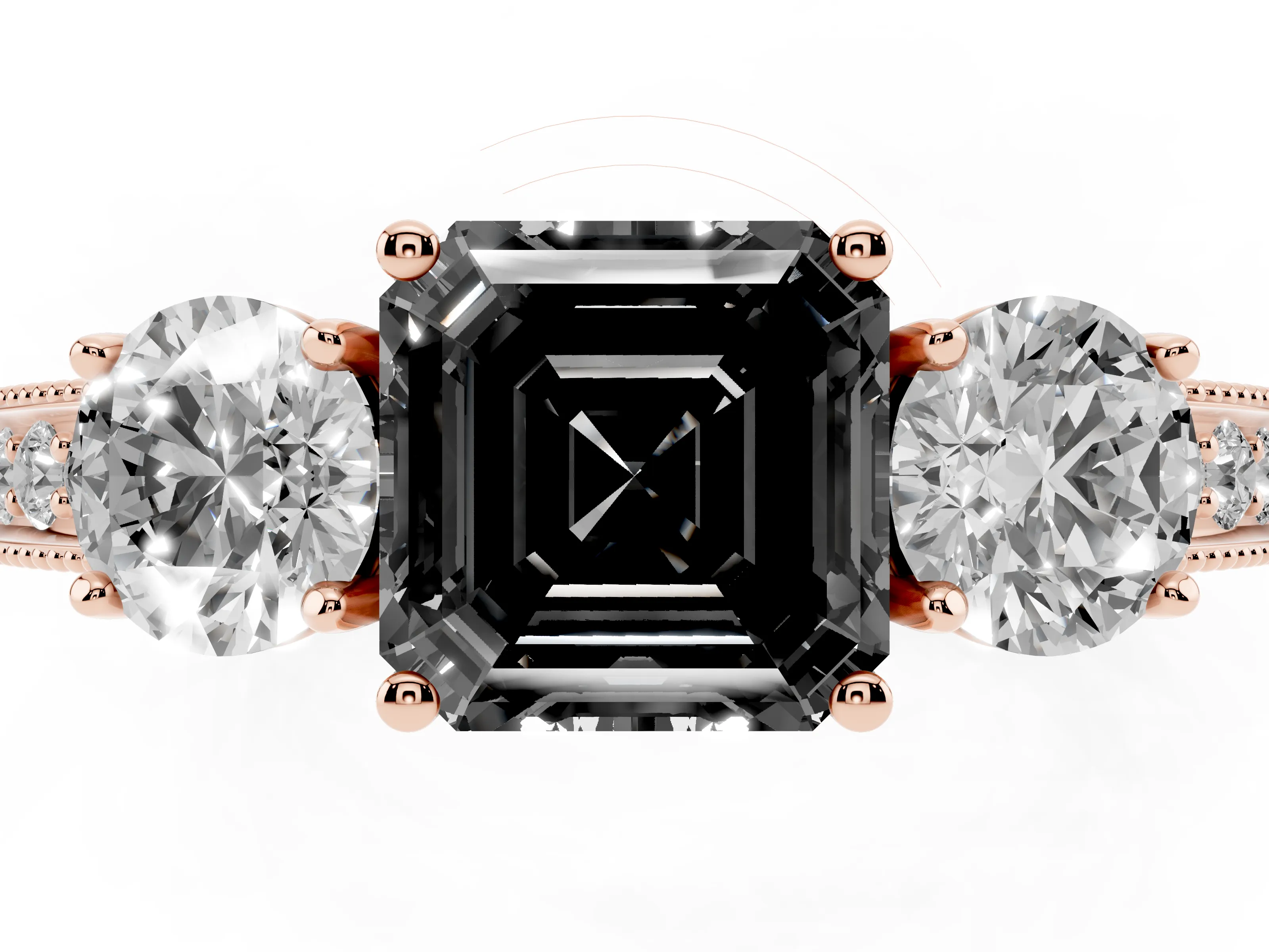 Fancy Black Asscher Cut Diamond Three-Stone Ring Set in Rose gold with Round Side Stones and Pavé Band