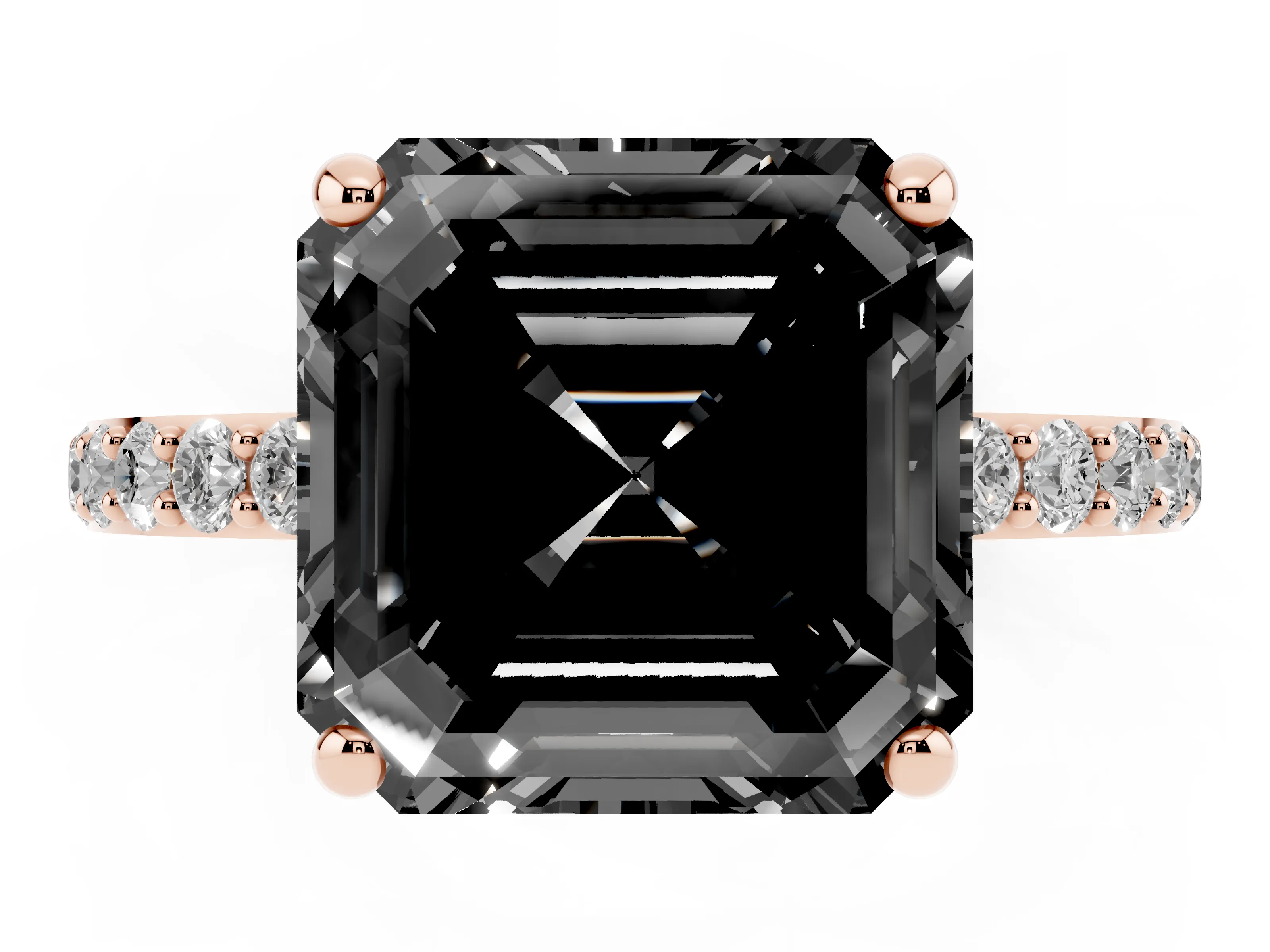 Fancy Black Asscher Cut Diamond Solitaire Ring Set in Rose gold with Round Pavé Band and Prong Setting