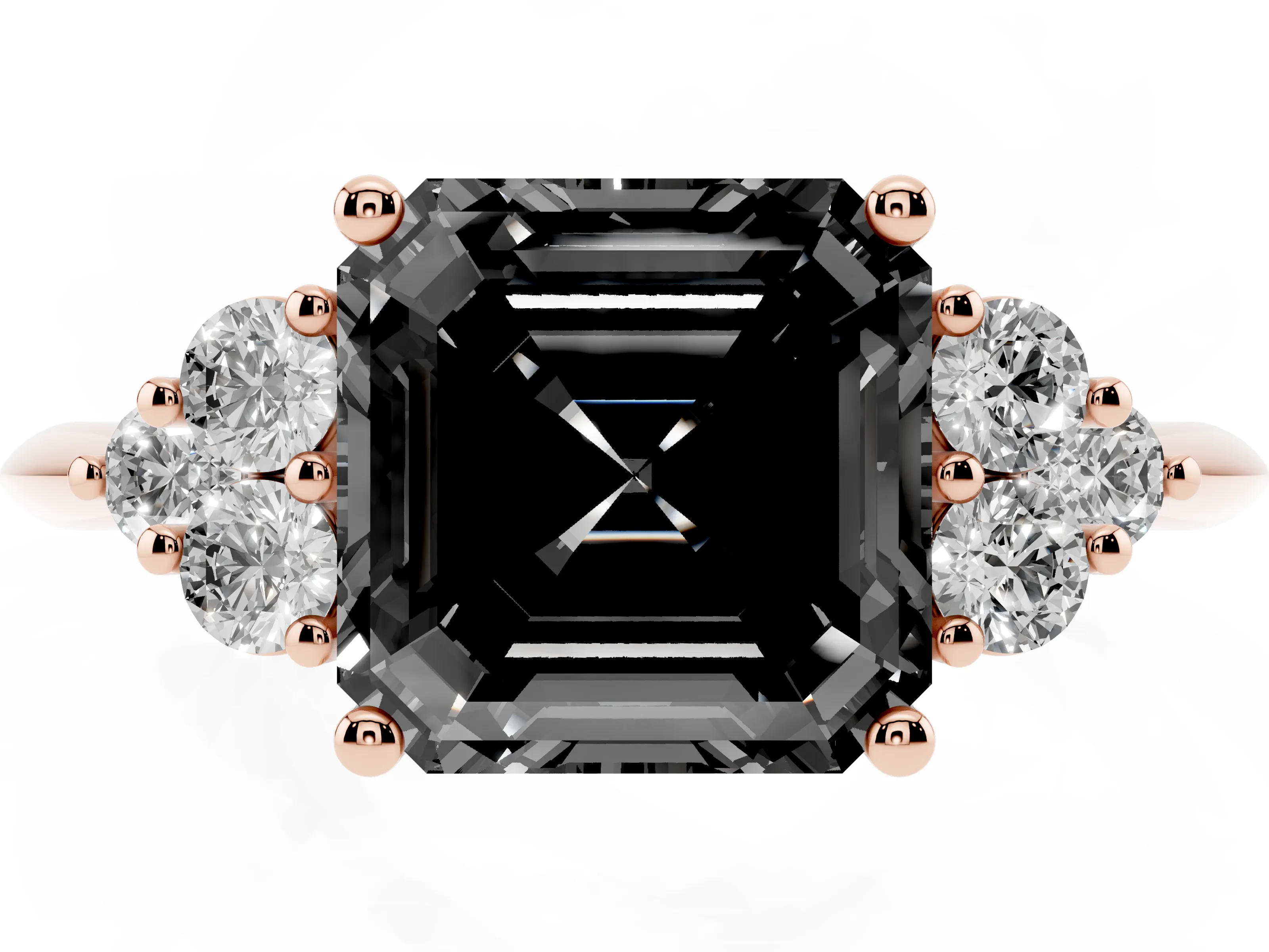 Fancy Black Asscher Cut Diamond Cluster Ring Set in Rose gold with Plain Band and Prong Setting