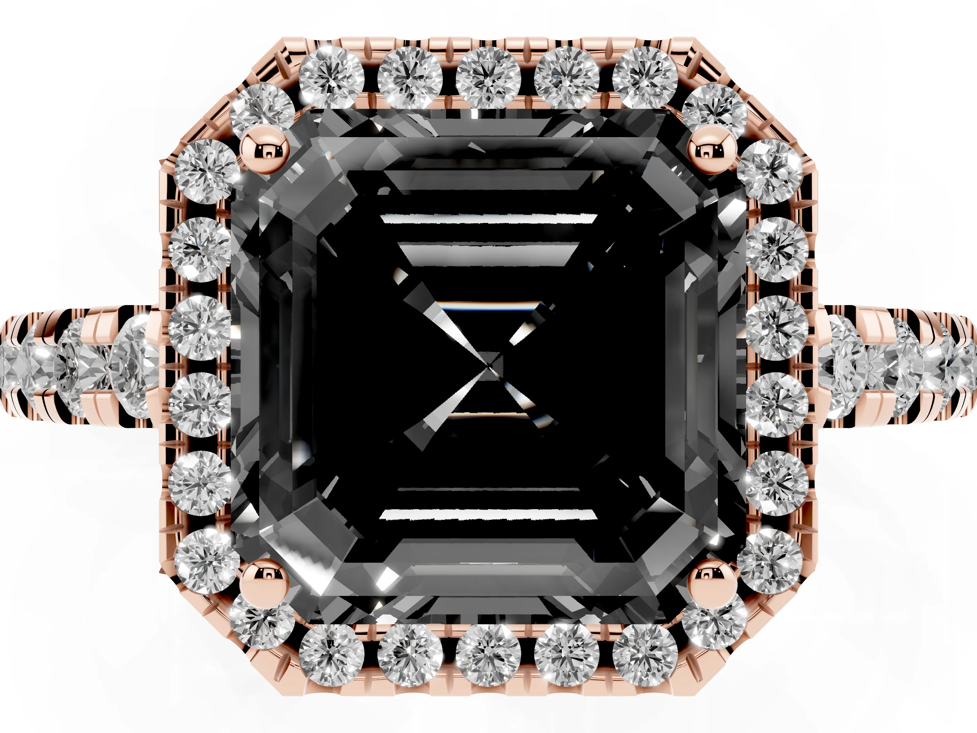 Fancy Black Asscher Cut Diamond Halo Ring Set in Rose gold with Delicate Pavé Band and Prong Setting