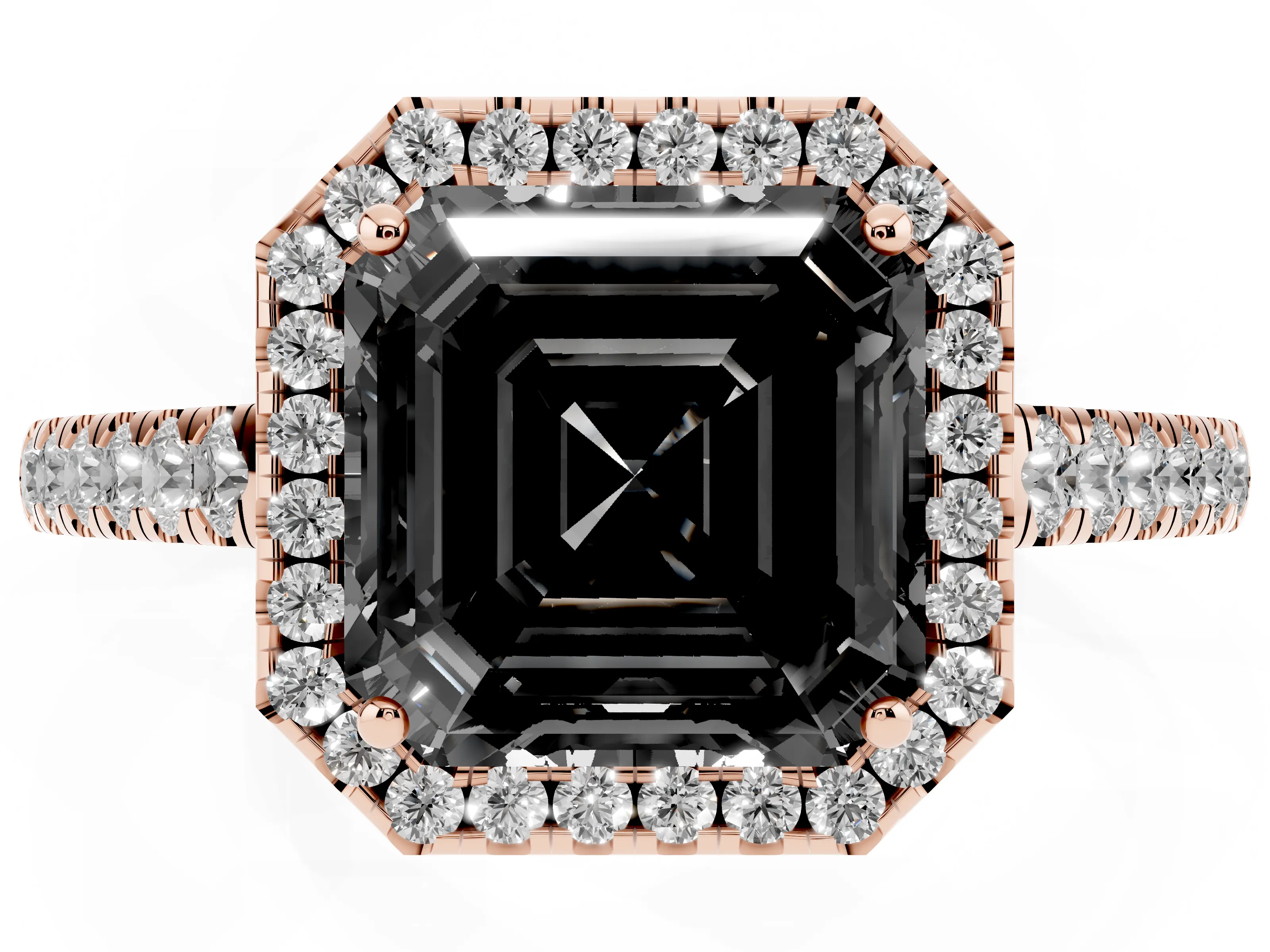 Fancy Black Asscher Cut Diamond Halo Pavé Engagement Ring Set in Rose gold with Prong Setting